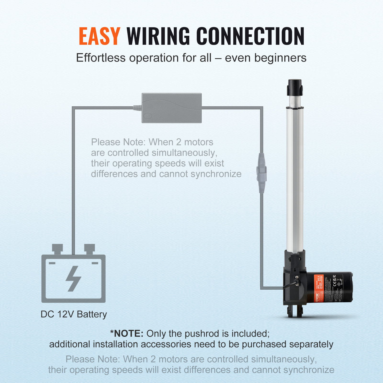 Diagrama que muestra la conexión de cableado fácil de un actuador lineal a una batería de 12V.