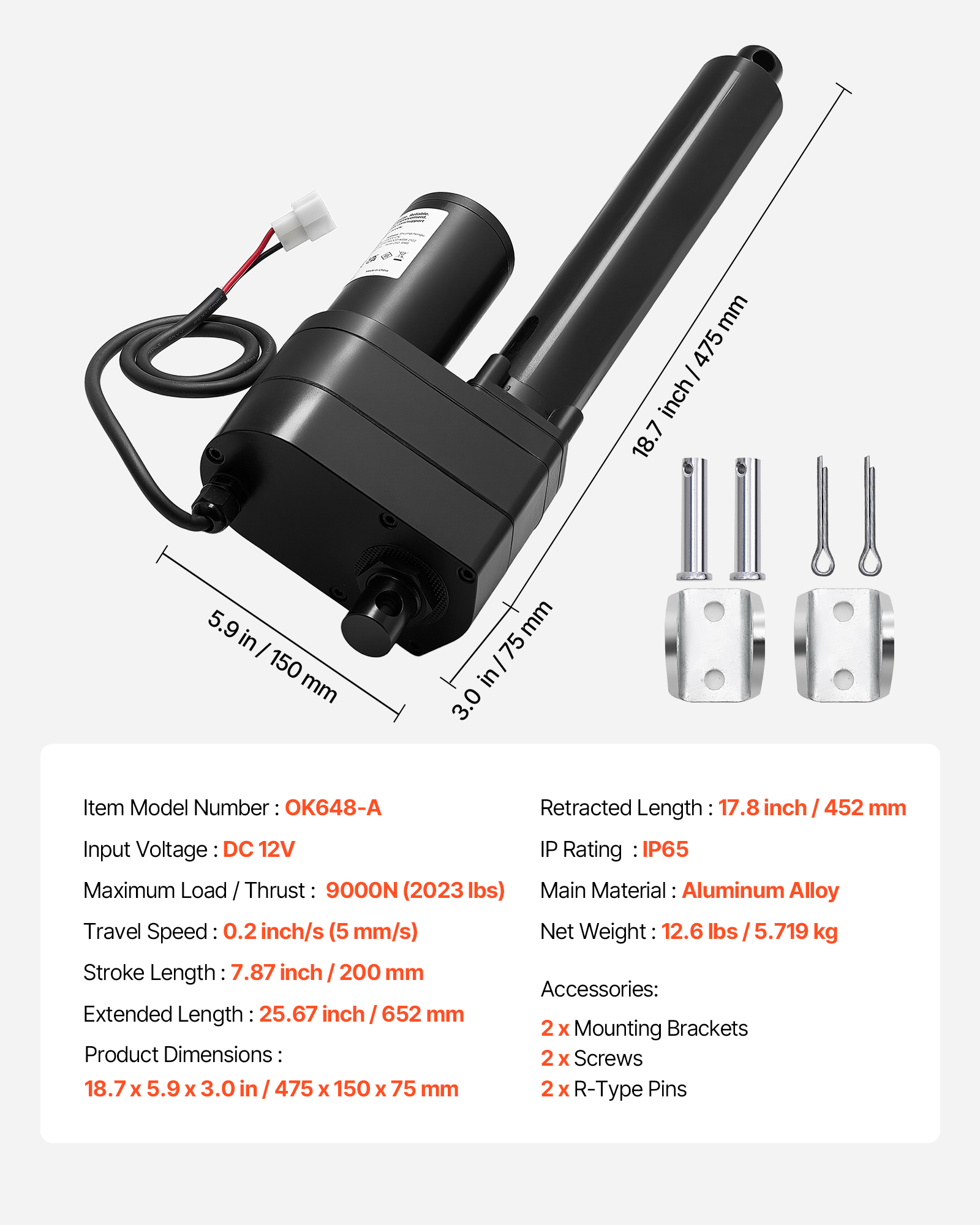 Actuador lineal eléctrico negro con dimensiones y accesorios sobre fondo blanco y especificaciones.