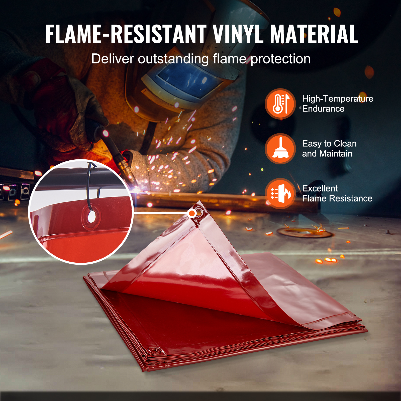 Lona de vinilo roja resistente al fuego sobre metal; al fondo, un soldador trabajando con chispas.