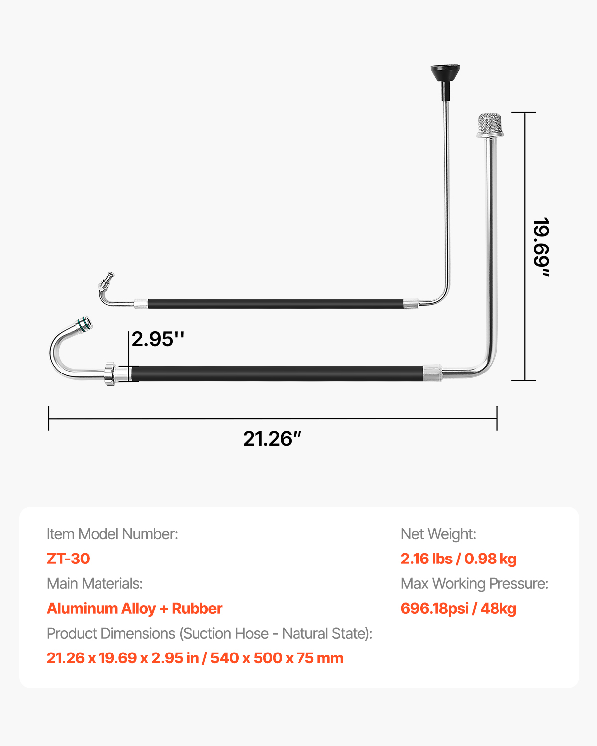Diagrama técnico con dimensiones, materiales, peso y presión máxima de la manguera ZT-30.