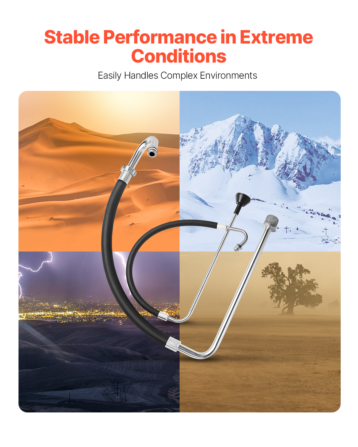 Tubería de metal sobre cuatro paisajes extremos: desierto, montañas nevadas, ciudad nocturna y suelo polvoriento.