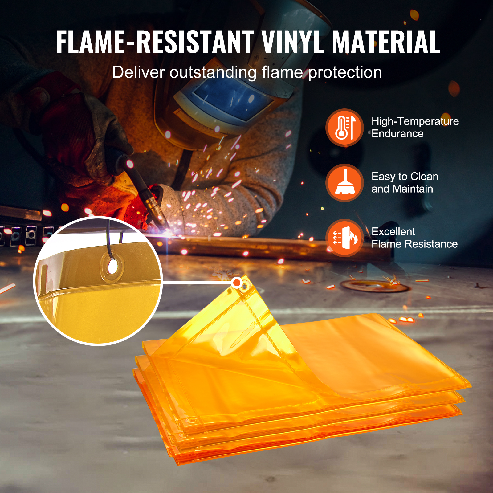 Cortinas de soldadura de vinilo naranja brillante con ojales, con un soldador trabajando de fondo.