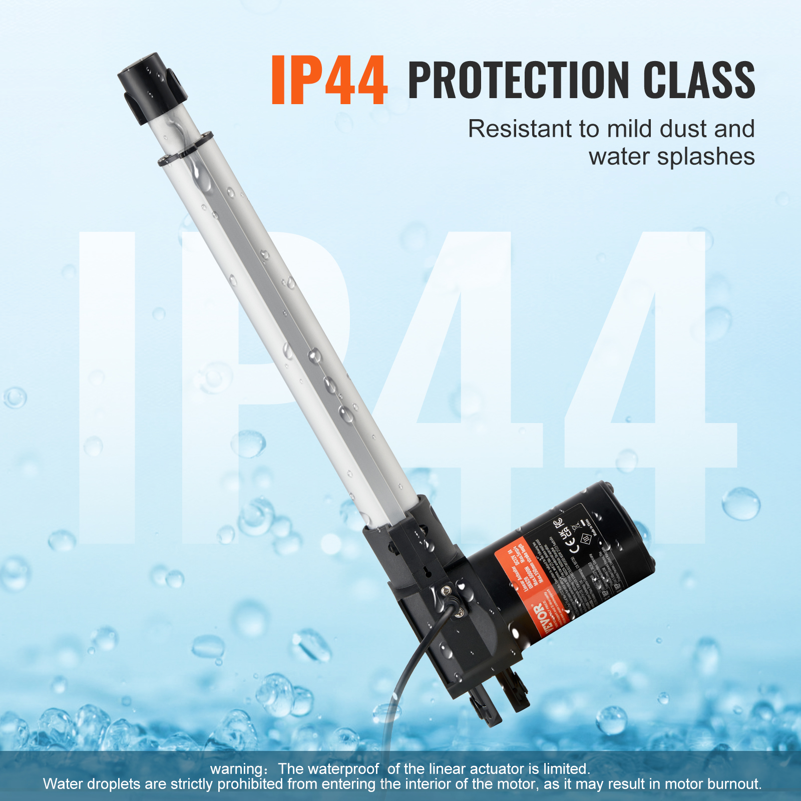 Un actuador lineal con clase de protección IP44, cubierto de gotas de agua sobre un fondo azul claro.