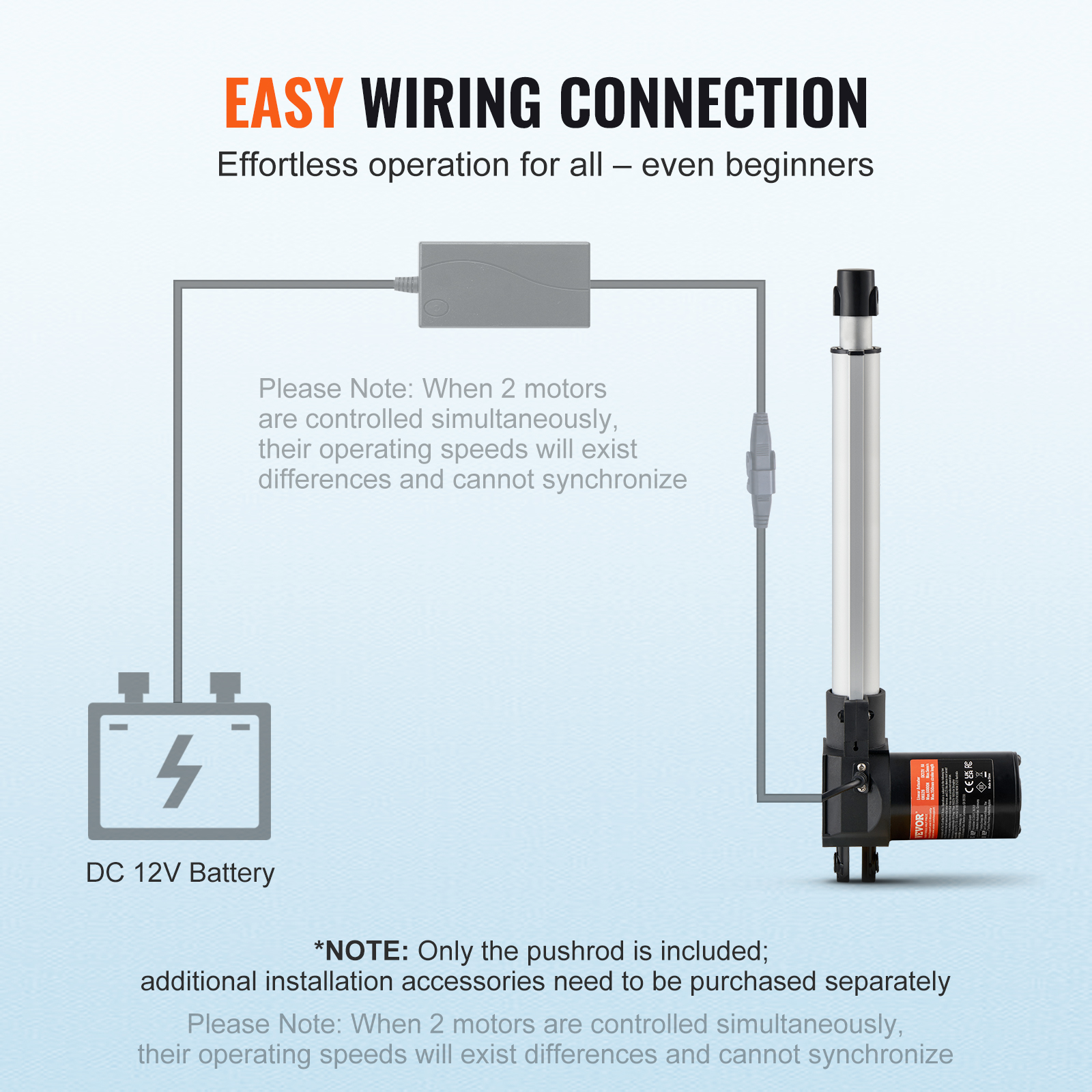Diagrama que muestra la conexión de cableado fácil de un actuador lineal eléctrico a una batería de 12V.