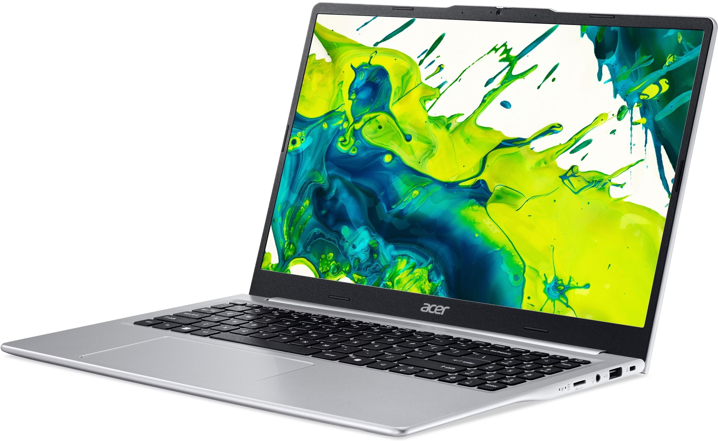 Una laptop Acer plateada abierta con un fondo de pantalla abstracto de salpicaduras de pintura verde y azul.