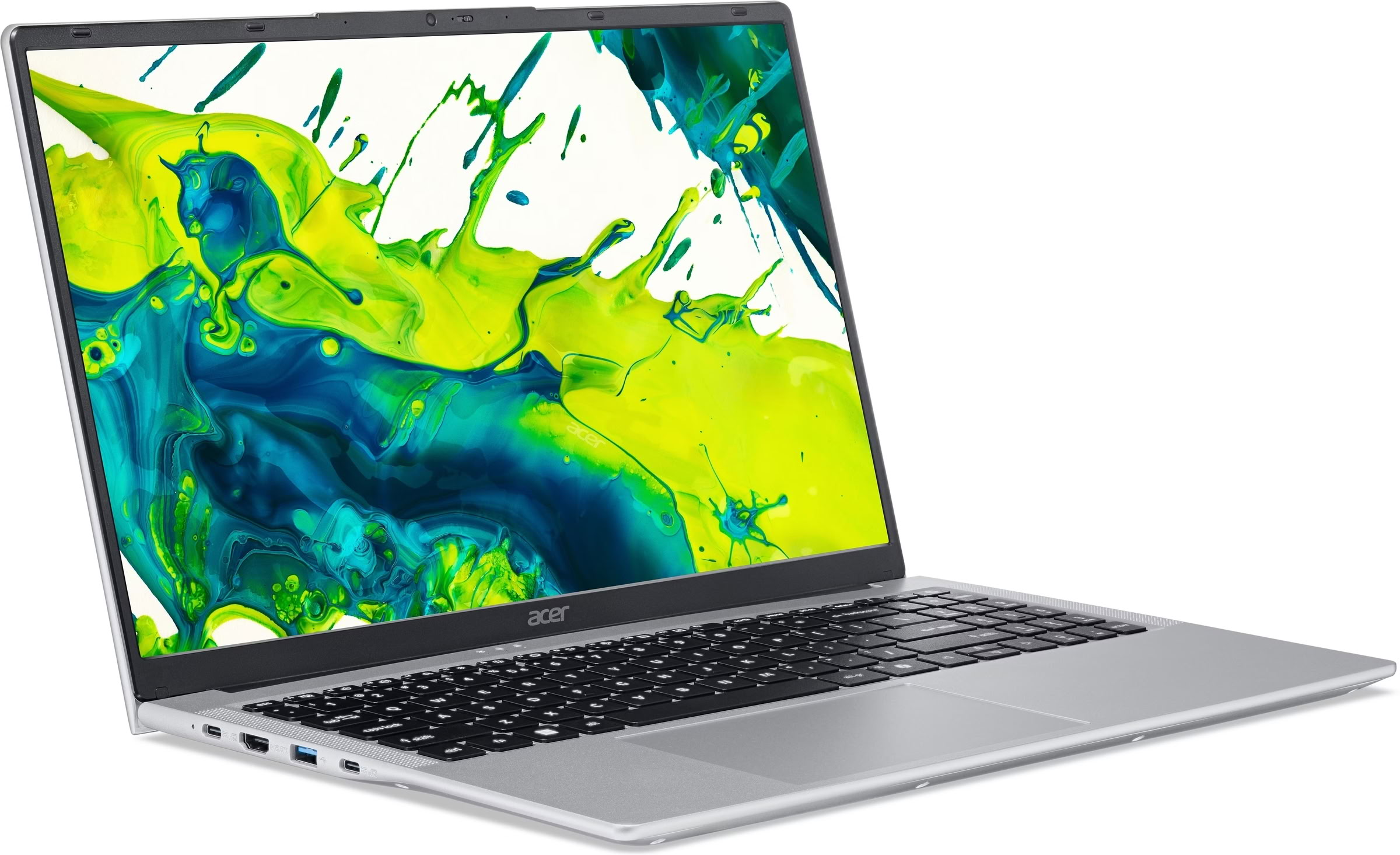 Portátil Acer plateado con teclado negro sobre fondo blanco, con pantalla de salpicaduras verde y azul.
