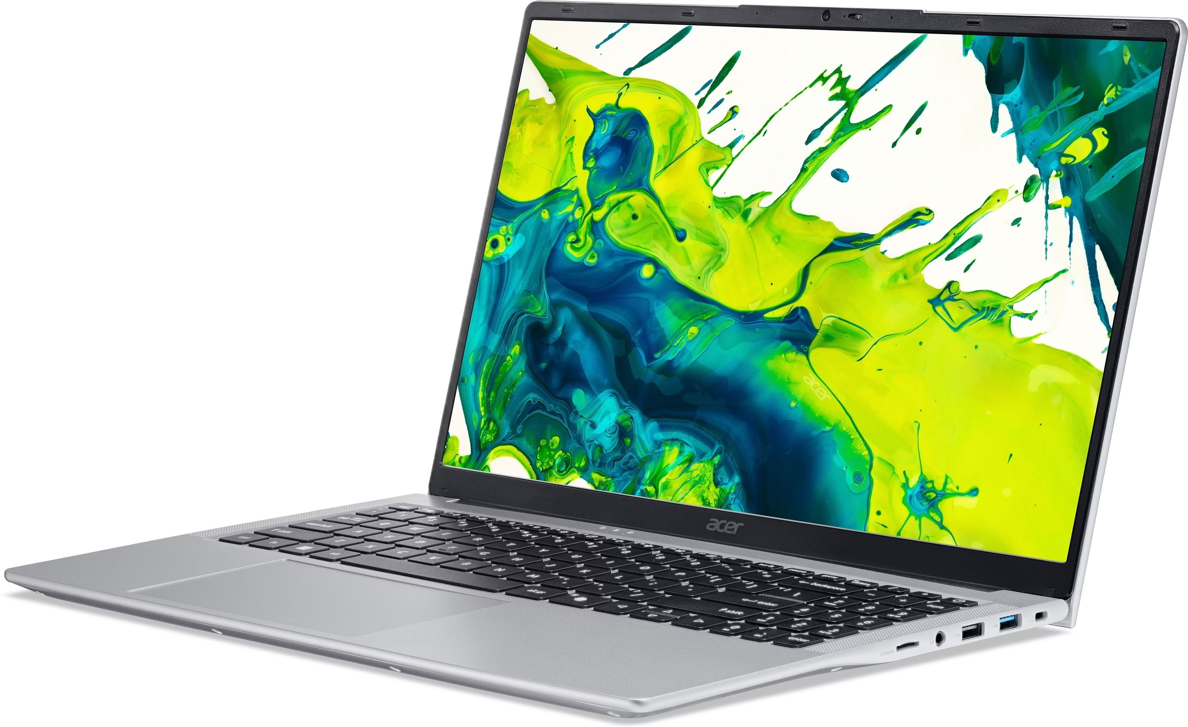 Una laptop Acer plateada con la pantalla abierta muestra un fondo de pantalla colorido.