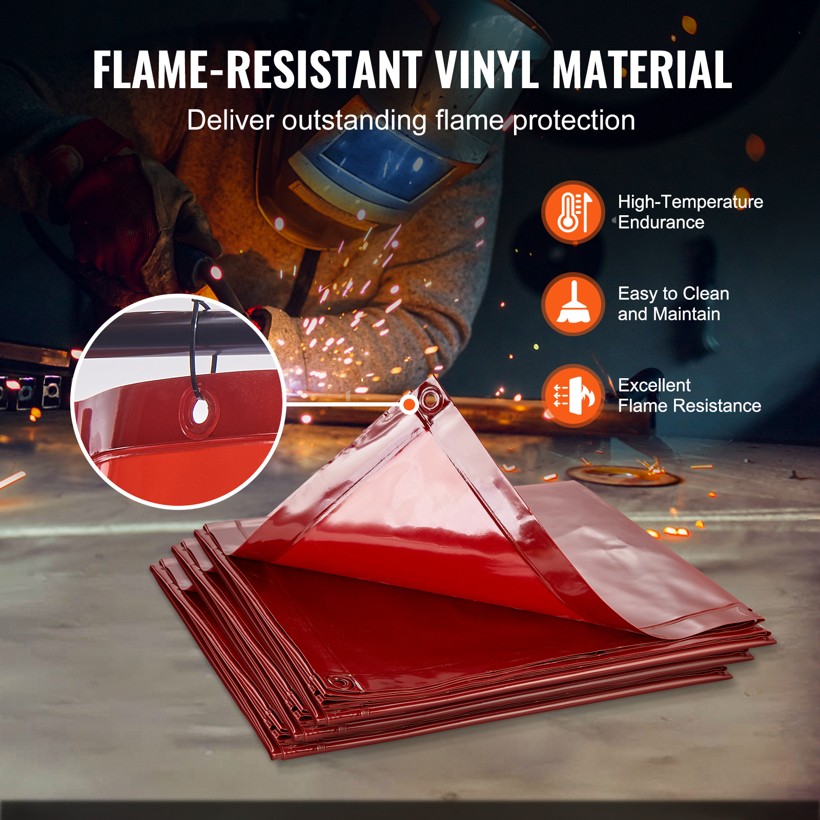 Lona de vinilo roja resistente al fuego con ojales metálicos.