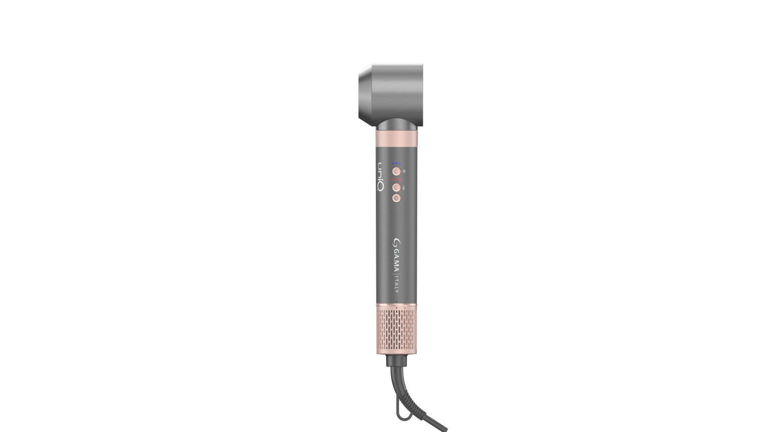 Elegante asciugacapelli grigio con dettagli in oro rosa e cavo di alimentazione su sfondo bianco.