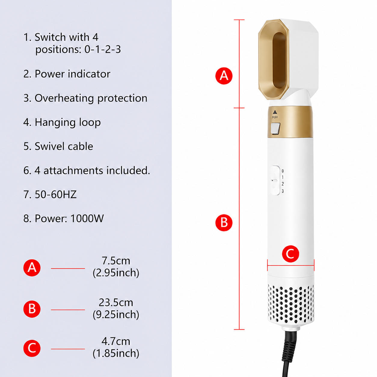Diagramm eines weißen und goldenen Haartrockners mit technischen Daten und Maßangaben.