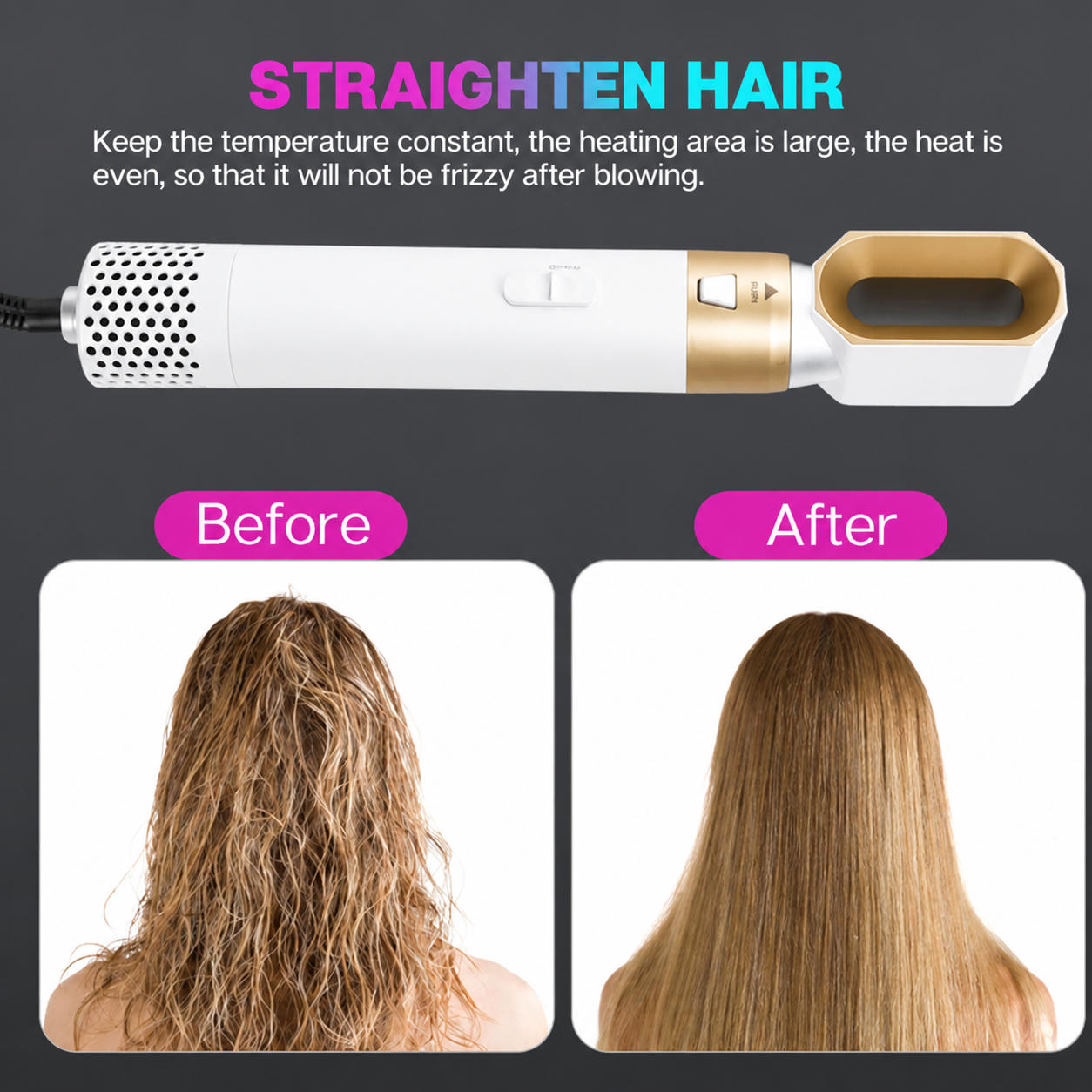 Ein weiß-goldener Haarglätter zeigt vorher krauses und nachher glattes Haar.