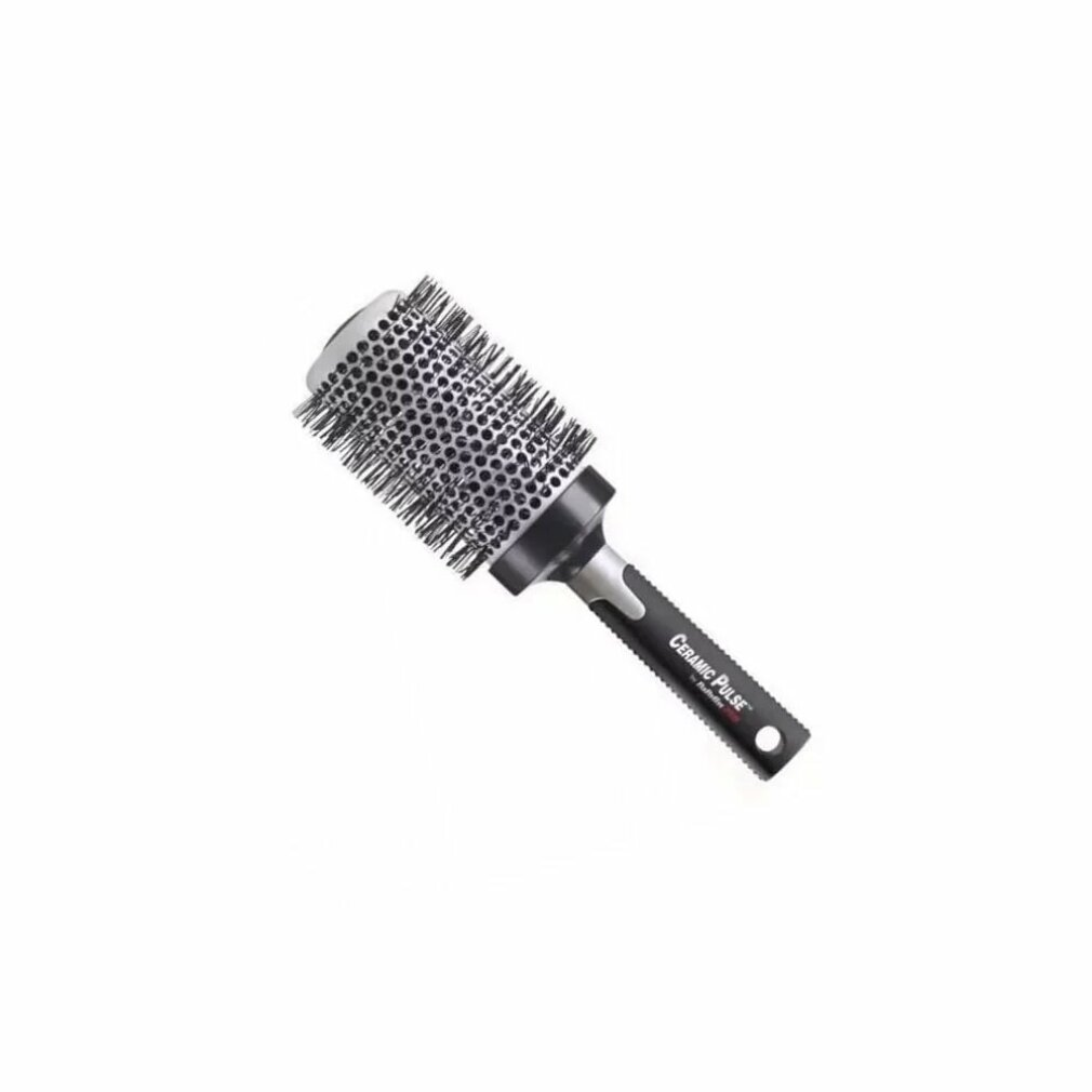 Una spazzola per capelli rotonda nera e argento con setole su sfondo bianco.