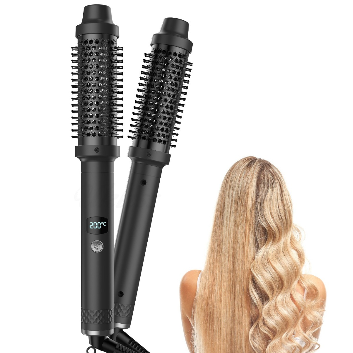 Zwei schwarze elektrische Haarbürsten vor einem blonden Haar.