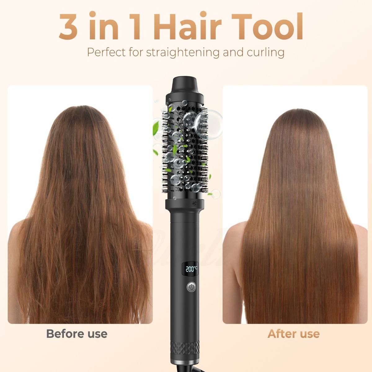 Ein 3-in-1-Haarstyling-Gerät mit Vergleich von krauses Haar vor und glattes Haar nach der Anwendung.