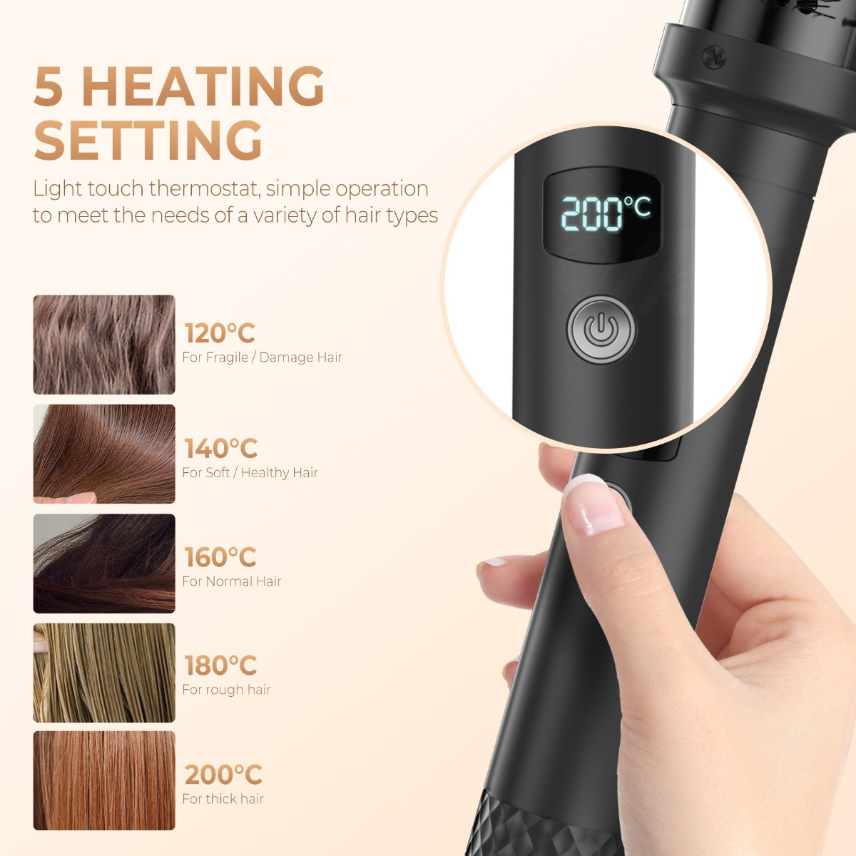 Haarstyling-Gerät mit fünf Temperaturstufen und Digitalanzeige für verschiedene Haartypen.