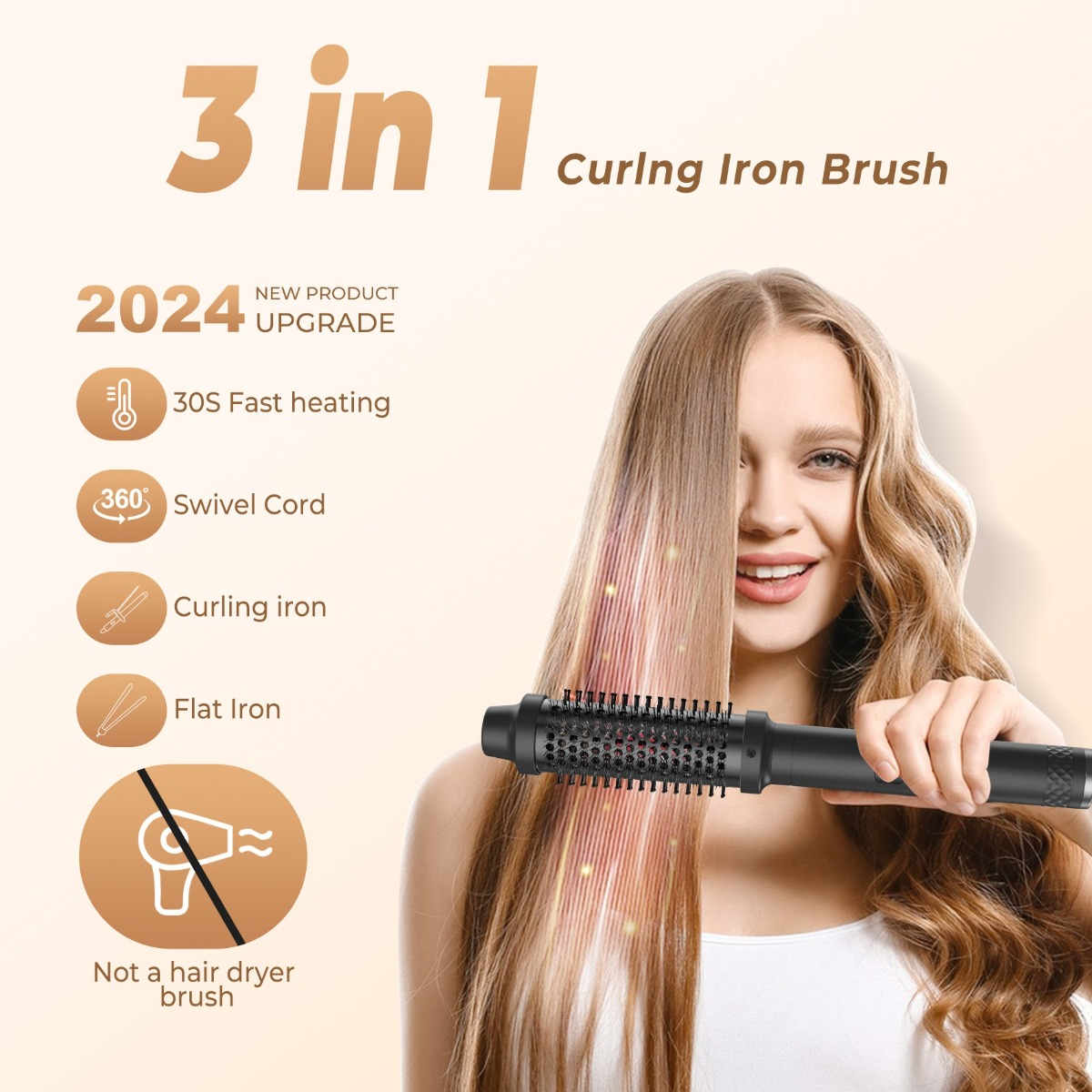 Eine Frau hält eine schwarze Lockenstab-Bürste. Links Text über Funktionen und die Aufschrift '3 in 1 Curling Iron Brush'.