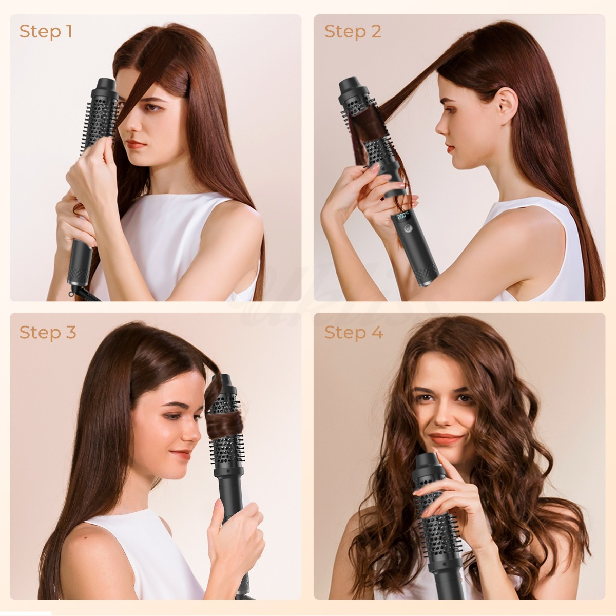 Vierteilige Anleitung zeigt eine Frau, die ihr braunes Haar mit einer Haarbürste stylt.