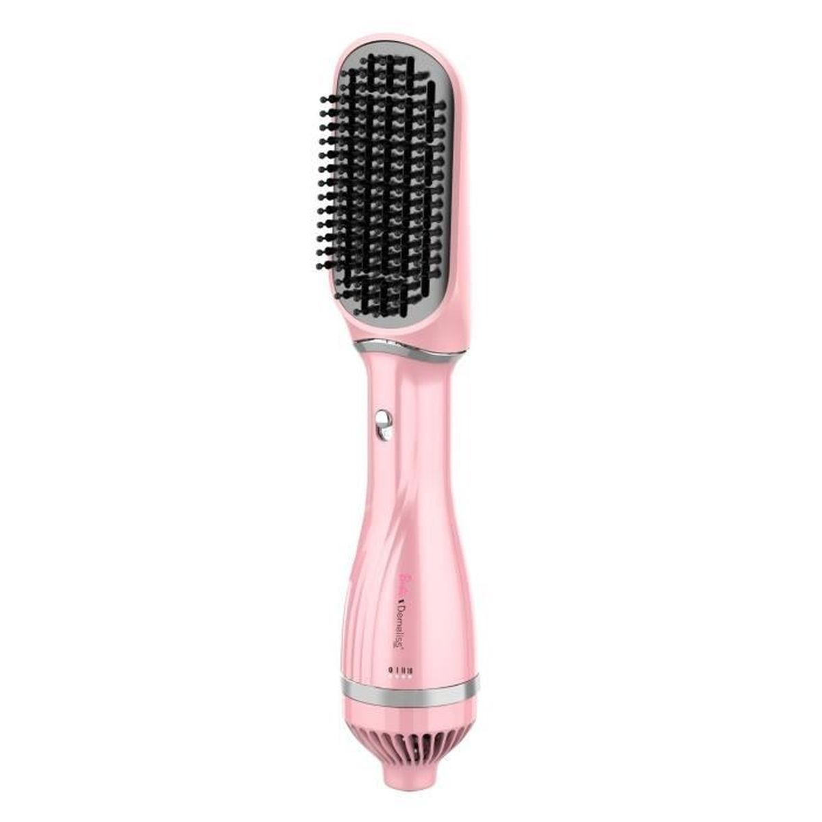 Spazzola lisciante per capelli elettrica rosa con setole nere e dettagli argentati su sfondo bianco.
