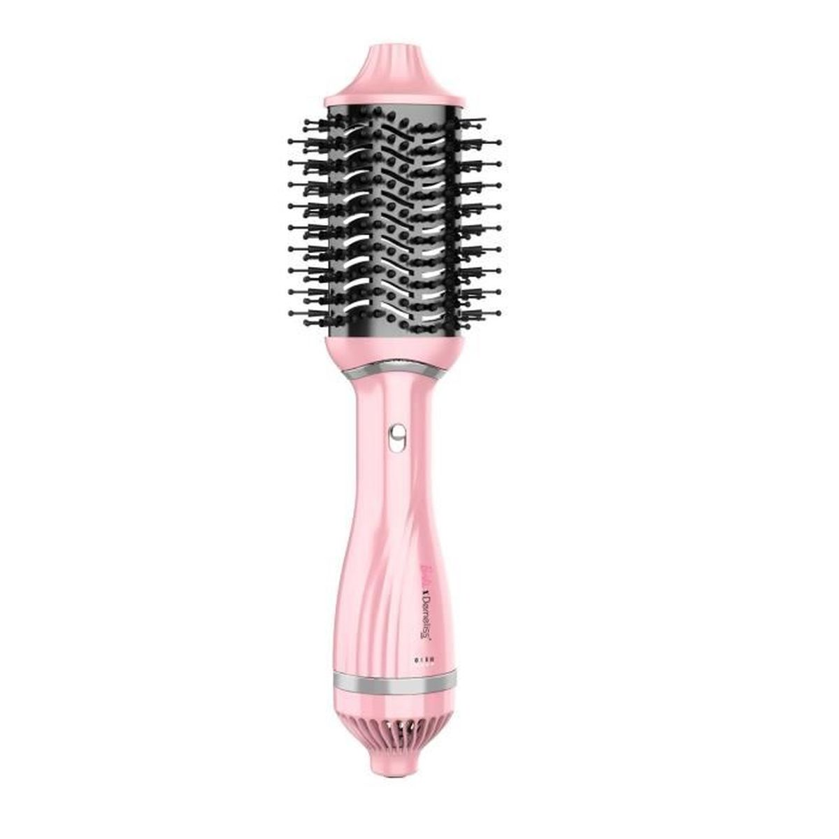 Una spazzola asciugacapelli rosa e nera con setole e un manico lucido.