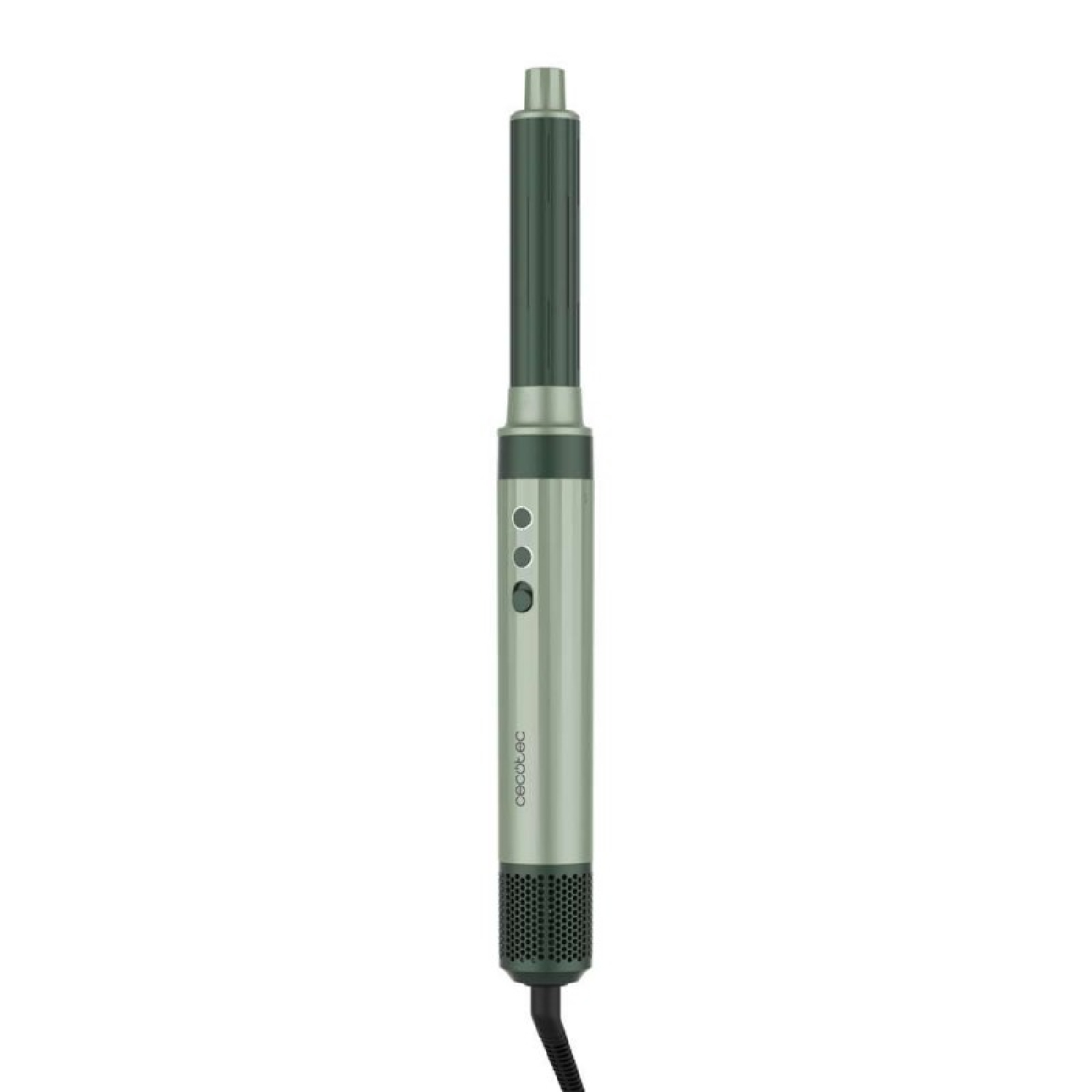 Un dispositivo per lo styling dei capelli cilindrico verde con tre tasti, testo bianco e cavo nero su sfondo bianco.