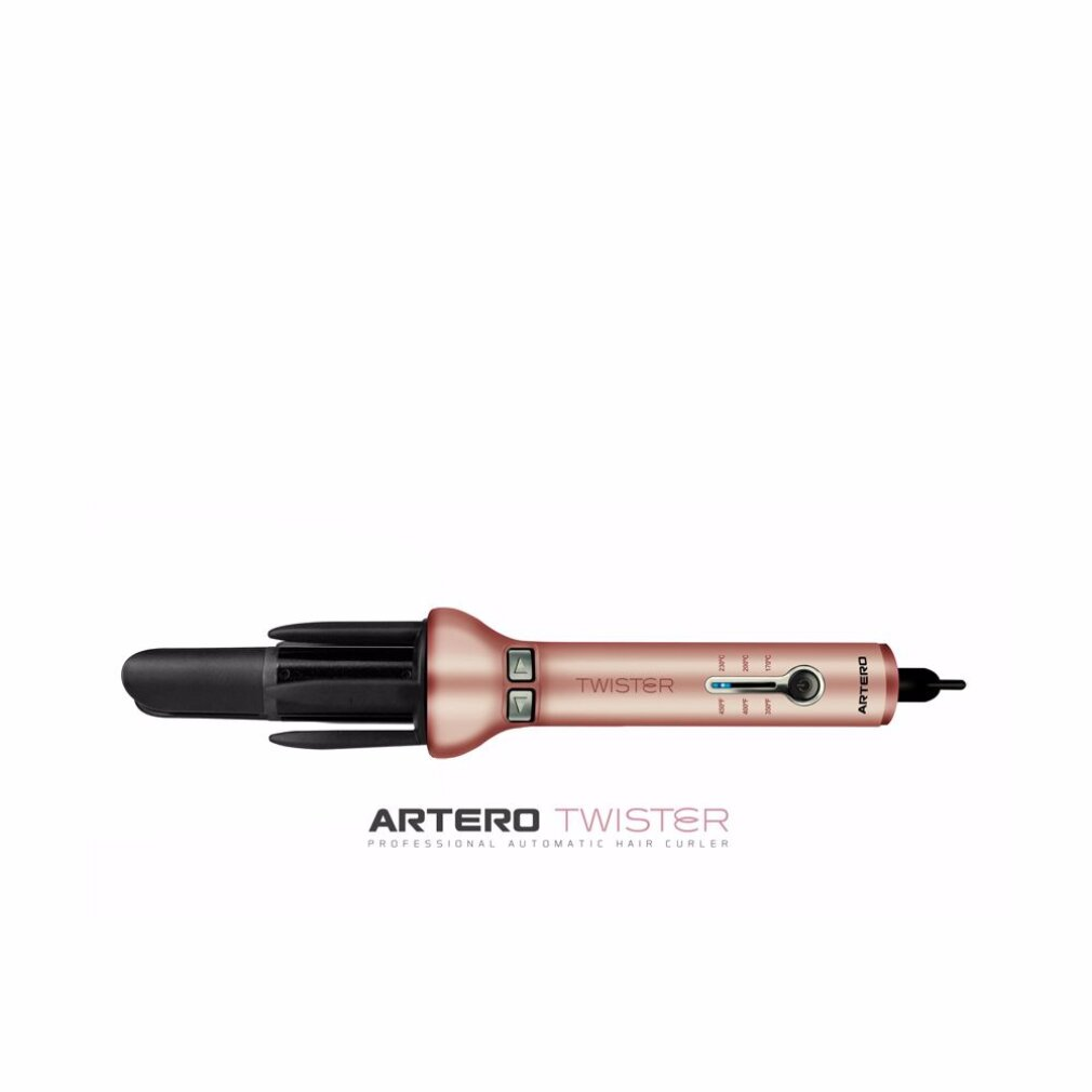 Ein roségoldener Artero Twister Automatik-Lockenstab auf weißem Hintergrund mit schwarzem Kopf und Bedienelementen.