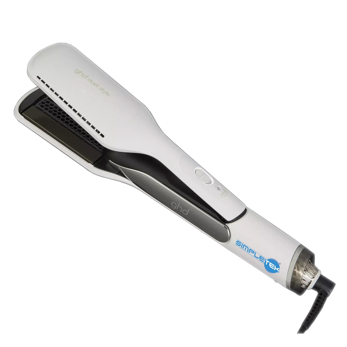 Piastra per capelli bianca GHD Duet Style con cavo nero su sfondo bianco.