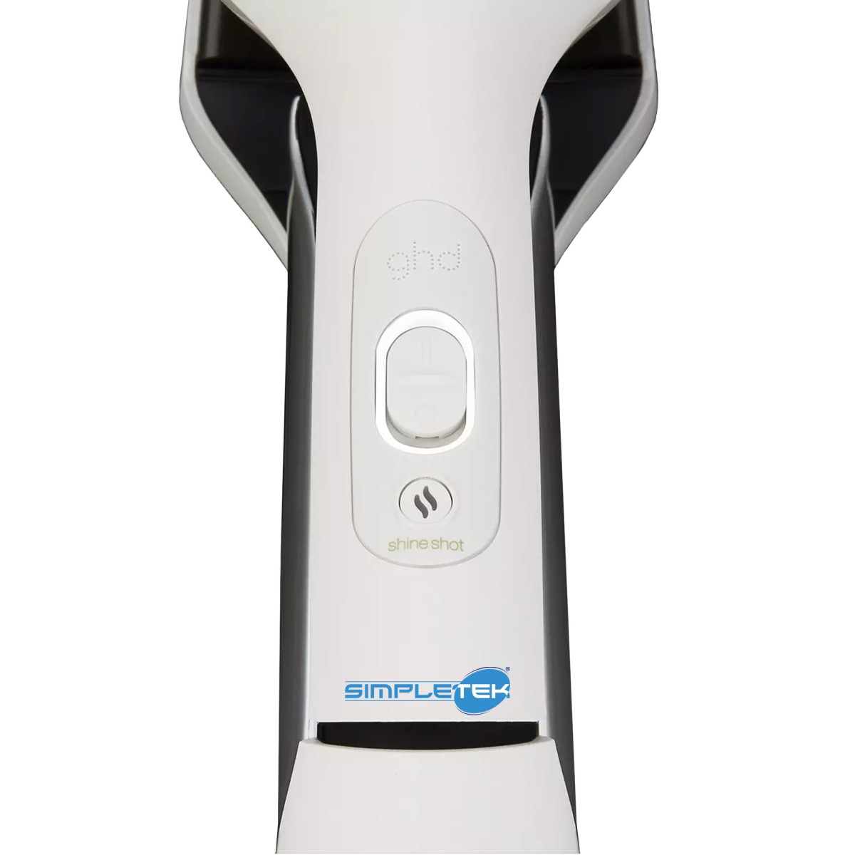 Primo piano del manico di uno strumento per capelli bianco con interruttore.