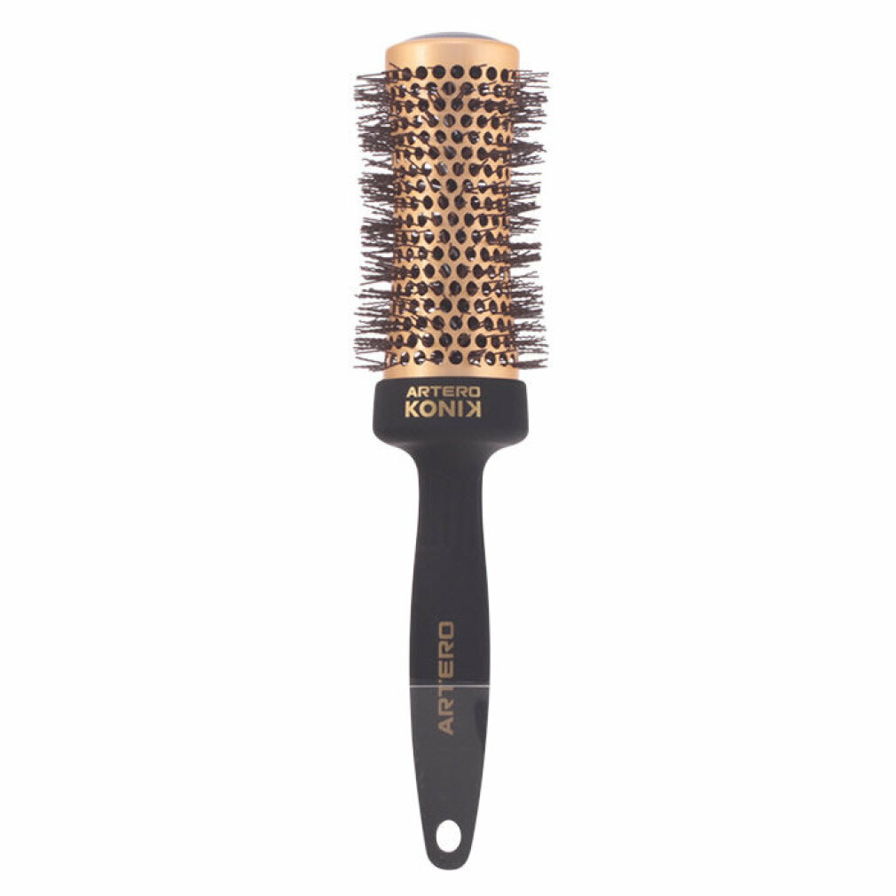 Spazzola per capelli termica rotonda con cilindro dorato perforato e manico nero, marchio Artero Konix.