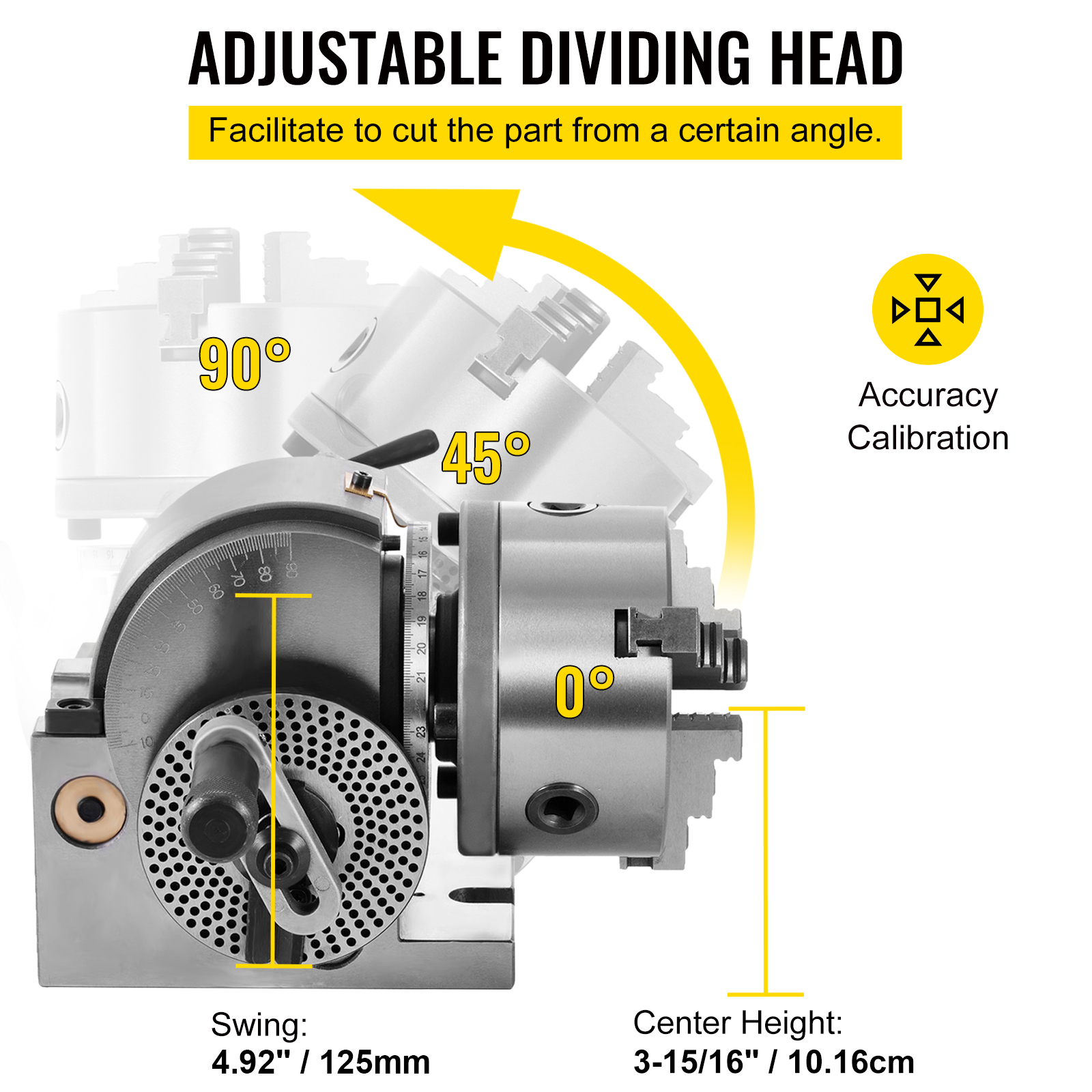 Un cabezal divisor ajustable muestra ángulos de 0, 45 y 90 grados con dimensiones y calibración de precisión.
