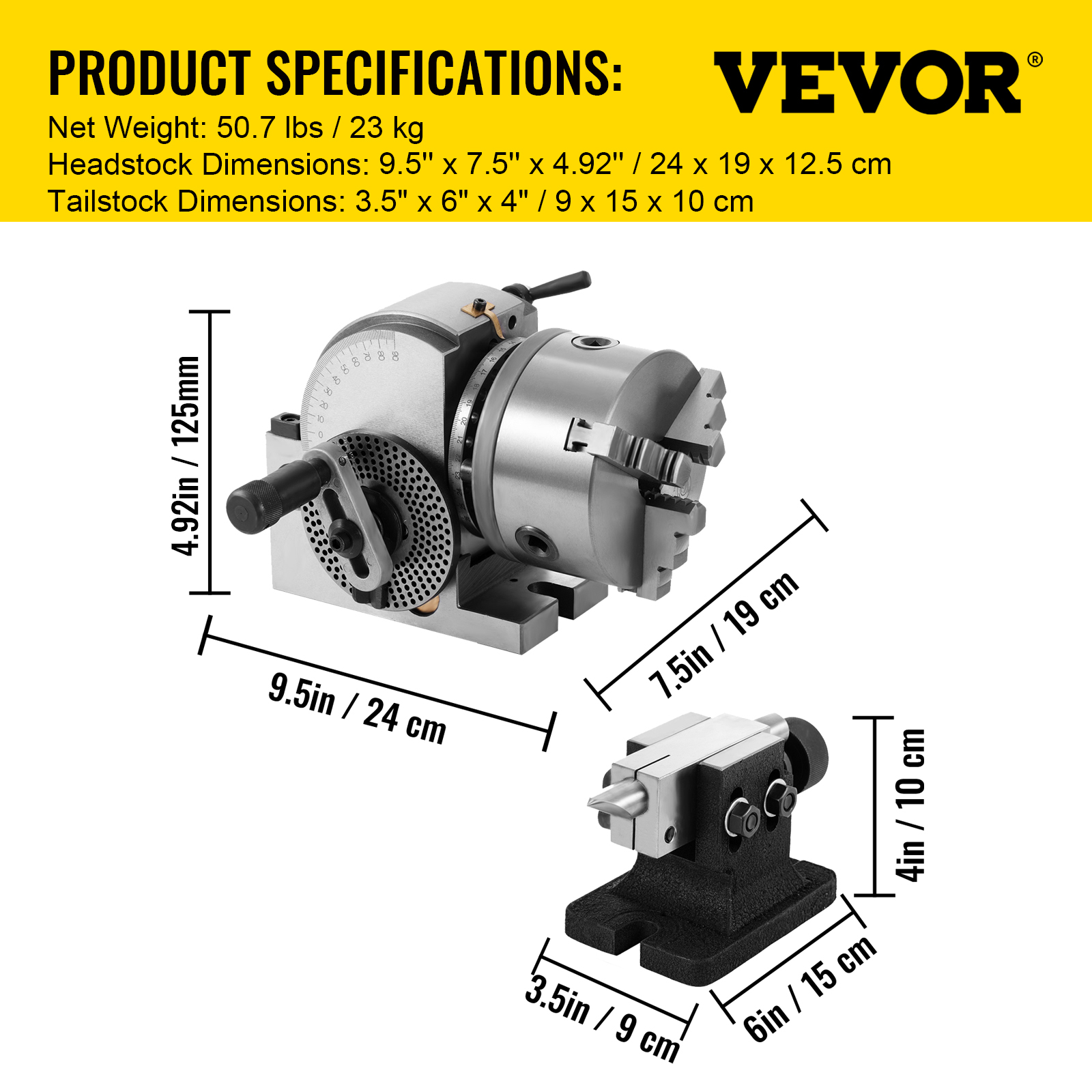 Especificaciones del producto cabezal y contrapunta Vevor con dimensiones y peso sobre fondo amarillo.