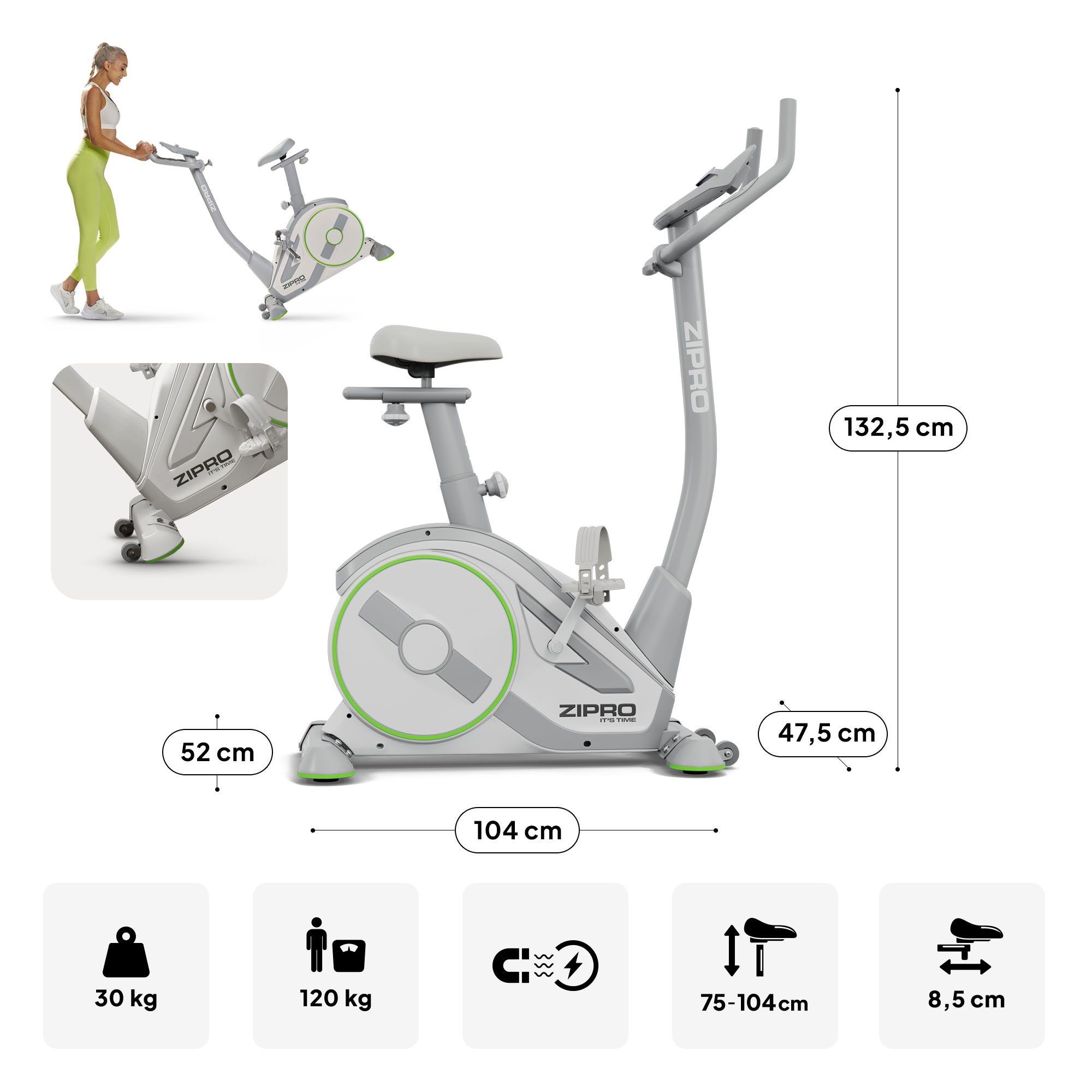 Bicicleta estática Zipro gris y blanca con dimensiones, peso e iconos.