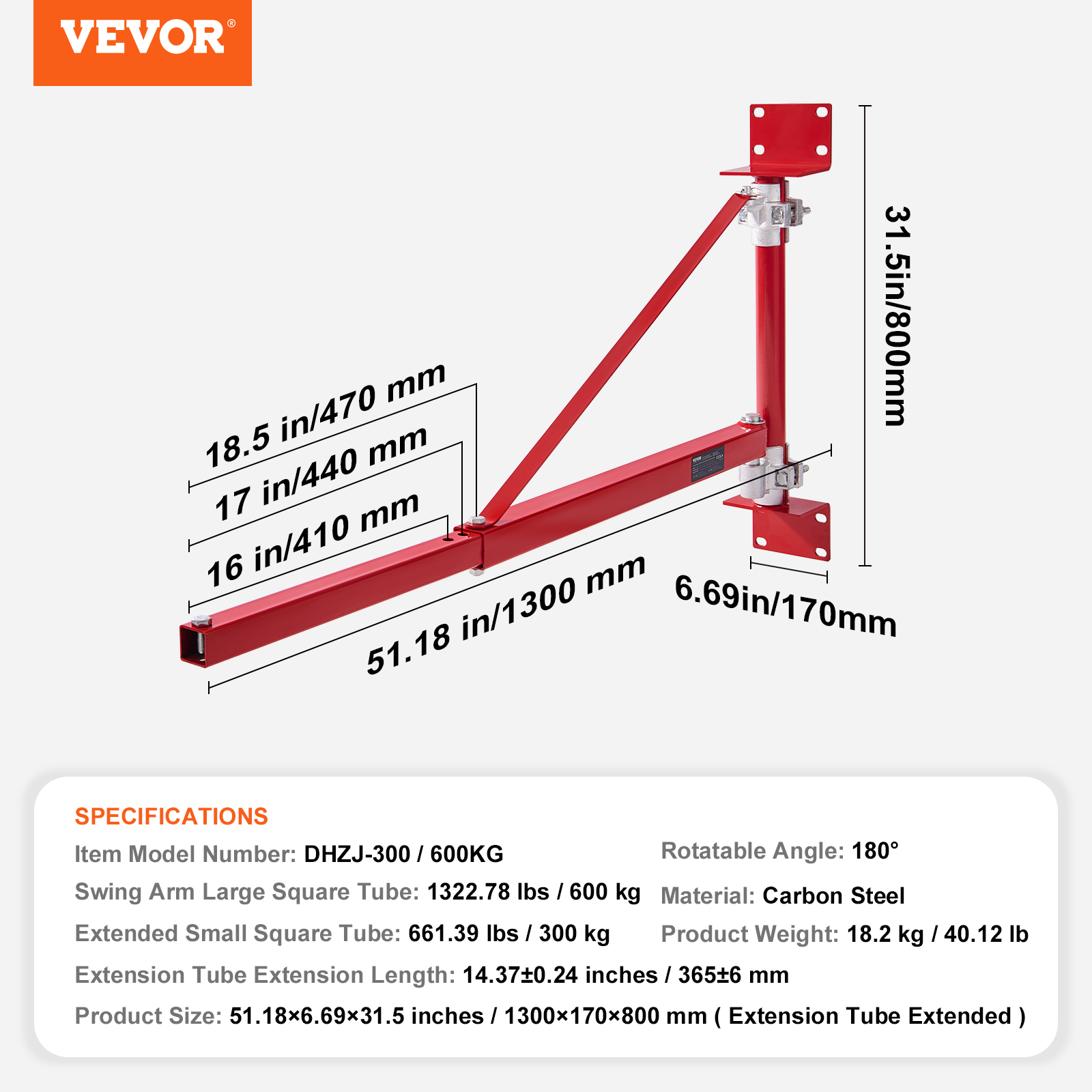 Diagrama de un brazo giratorio rojo VEVOR con medidas dimensionales y especificaciones abajo.
