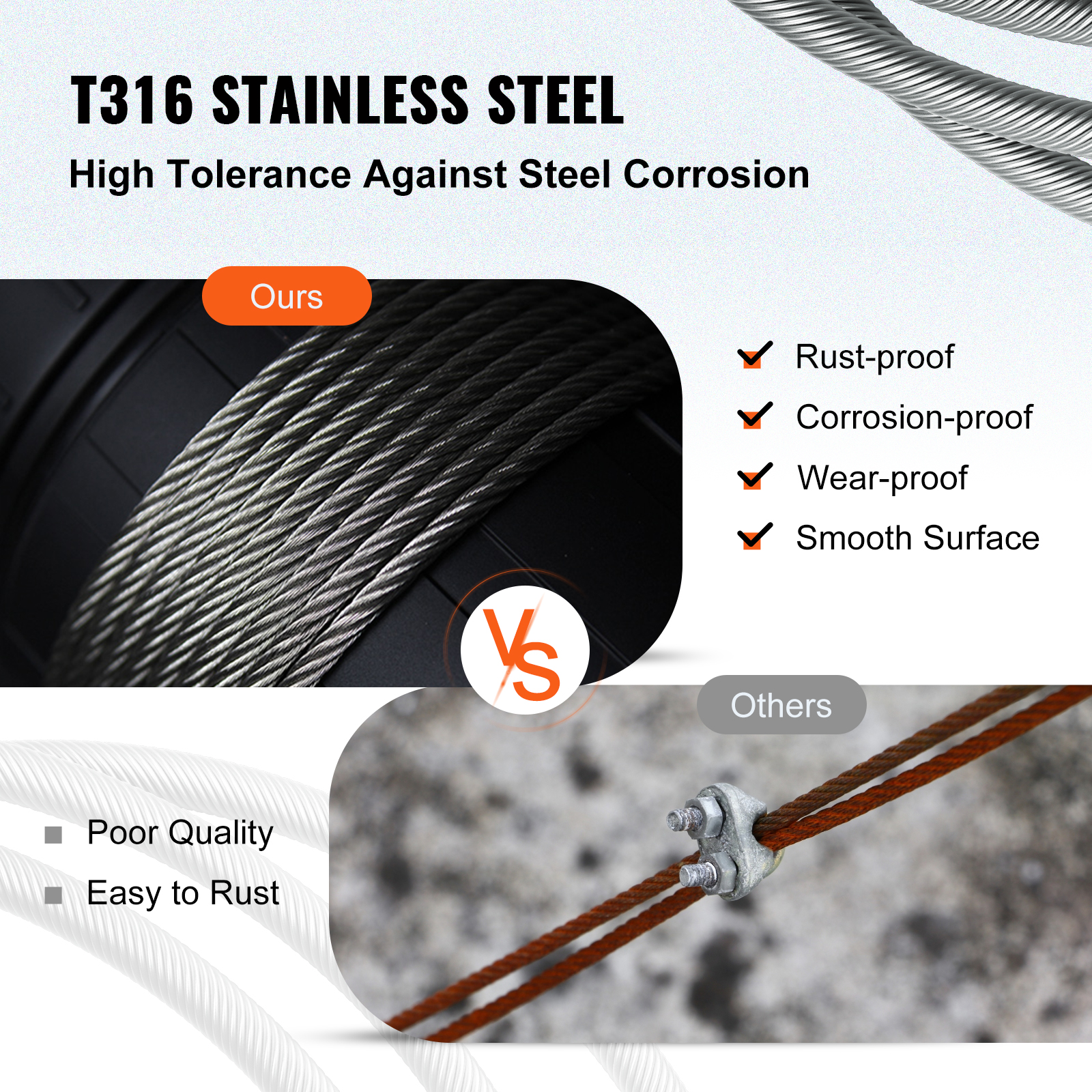 Comparación de cable de acero inoxidable T316 resistente al óxido y oxidado.