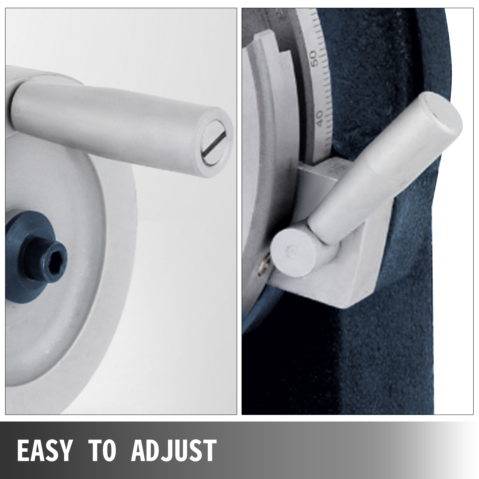Dos primeros planos de palancas metálicas en componentes de máquinas con el texto "Easy to Adjust" abajo.
