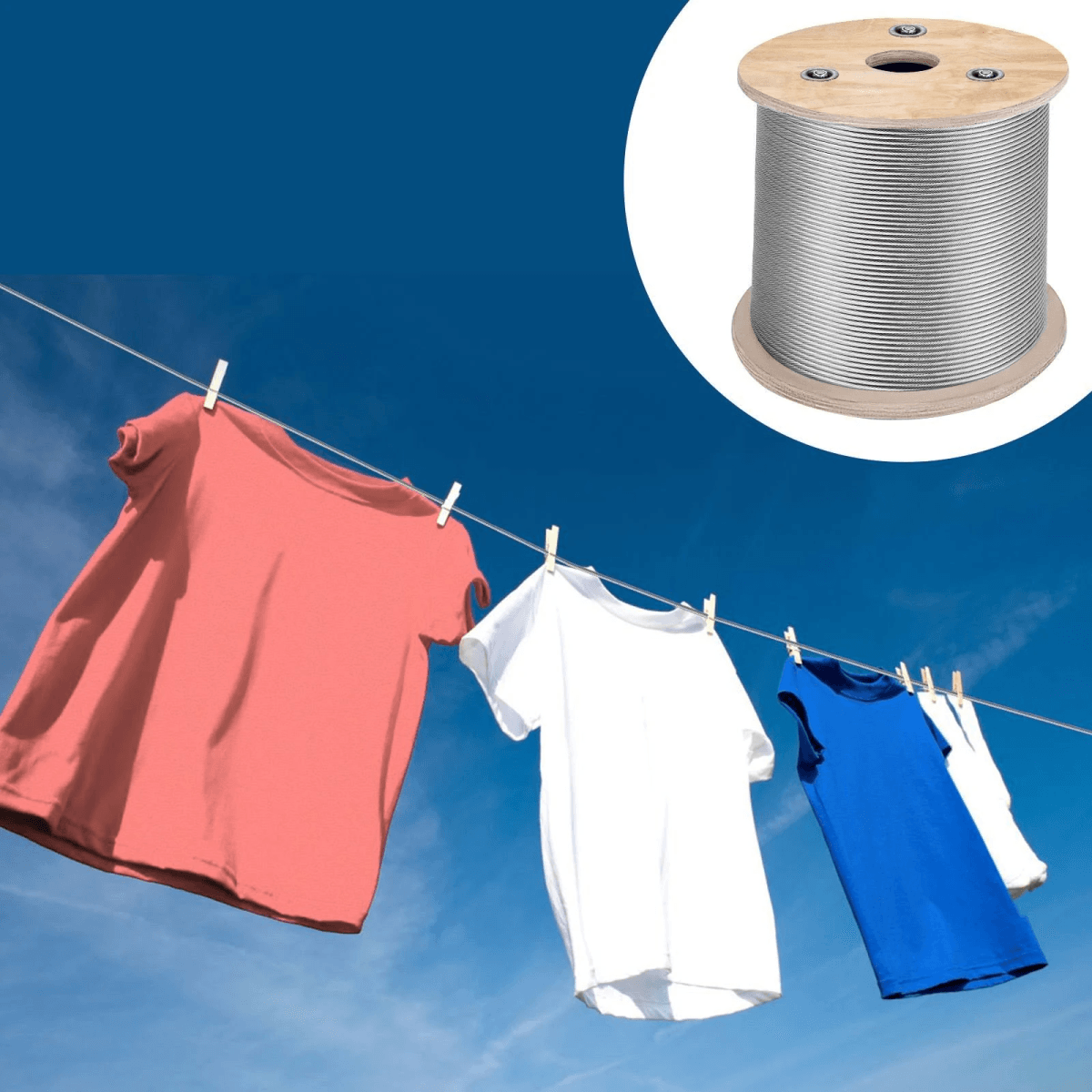 Camisetas rojas, blancas y azules cuelgan de un tendedero metálico contra un cielo azul, con una bobina de alambre.