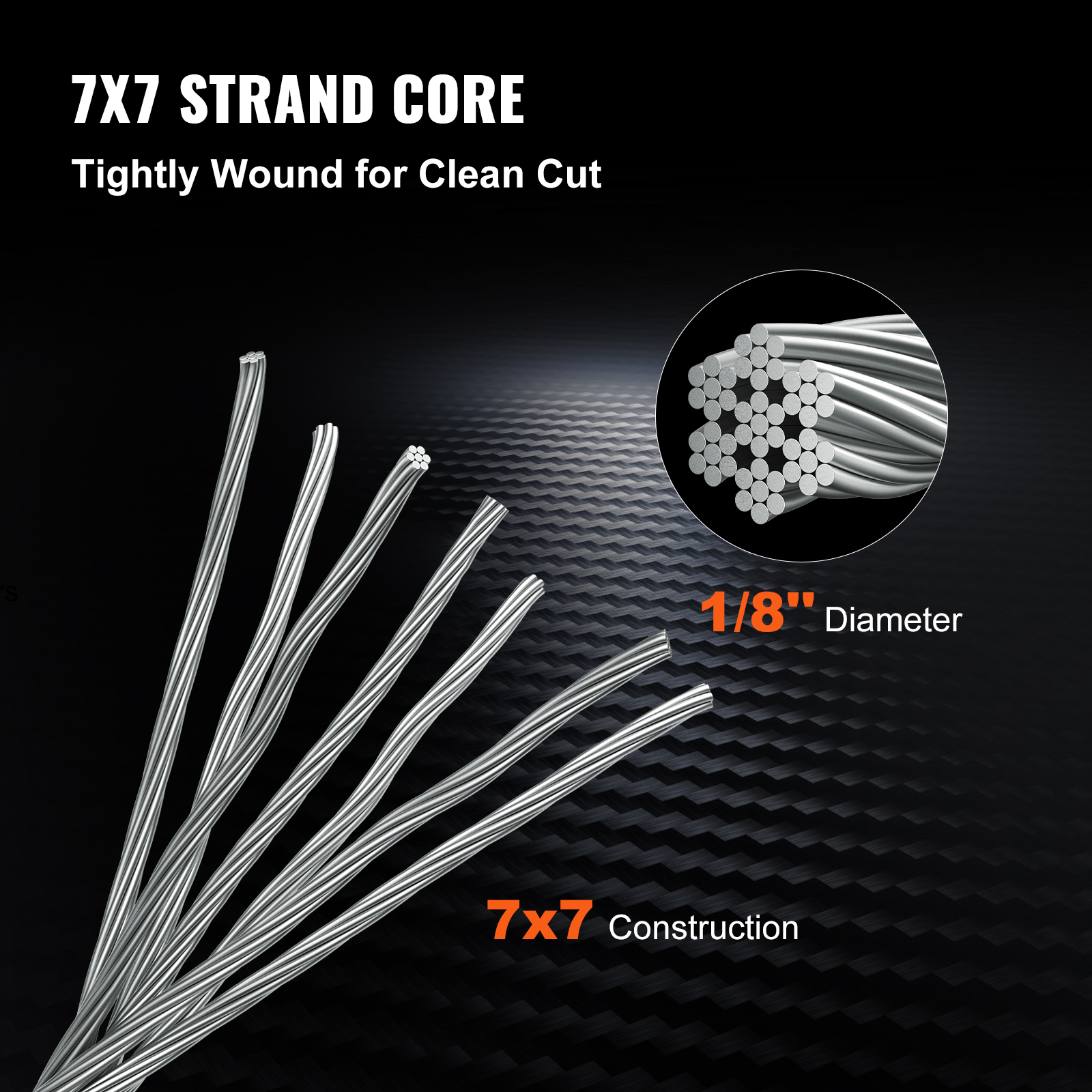 Cable metálico de 7x7 hilos con 1/8 de pulgada de diámetro y corte limpio.