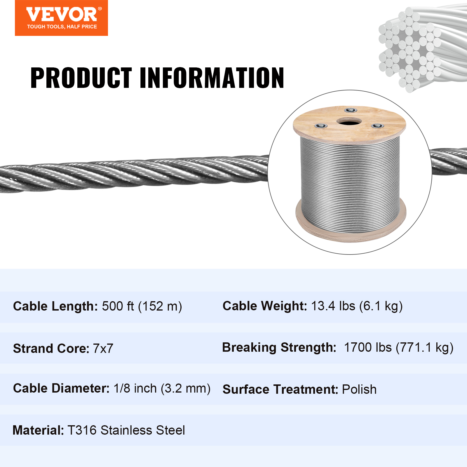 Información del producto para un cable de acero inoxidable Vevor con especificaciones y bobina.