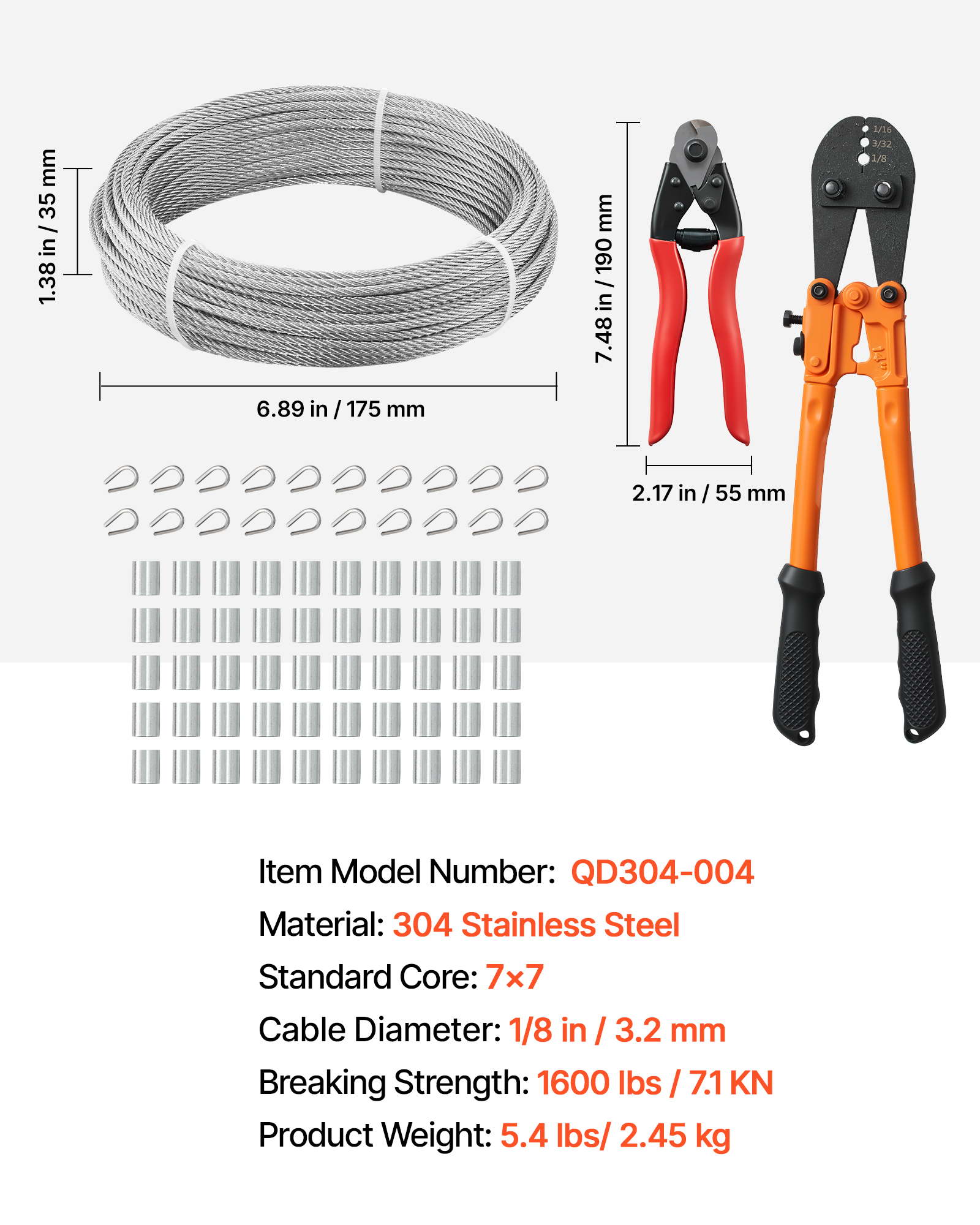 Cable de acero inoxidable, crimpadora, abrazaderas y dimensiones sobre fondo blanco con especificaciones.