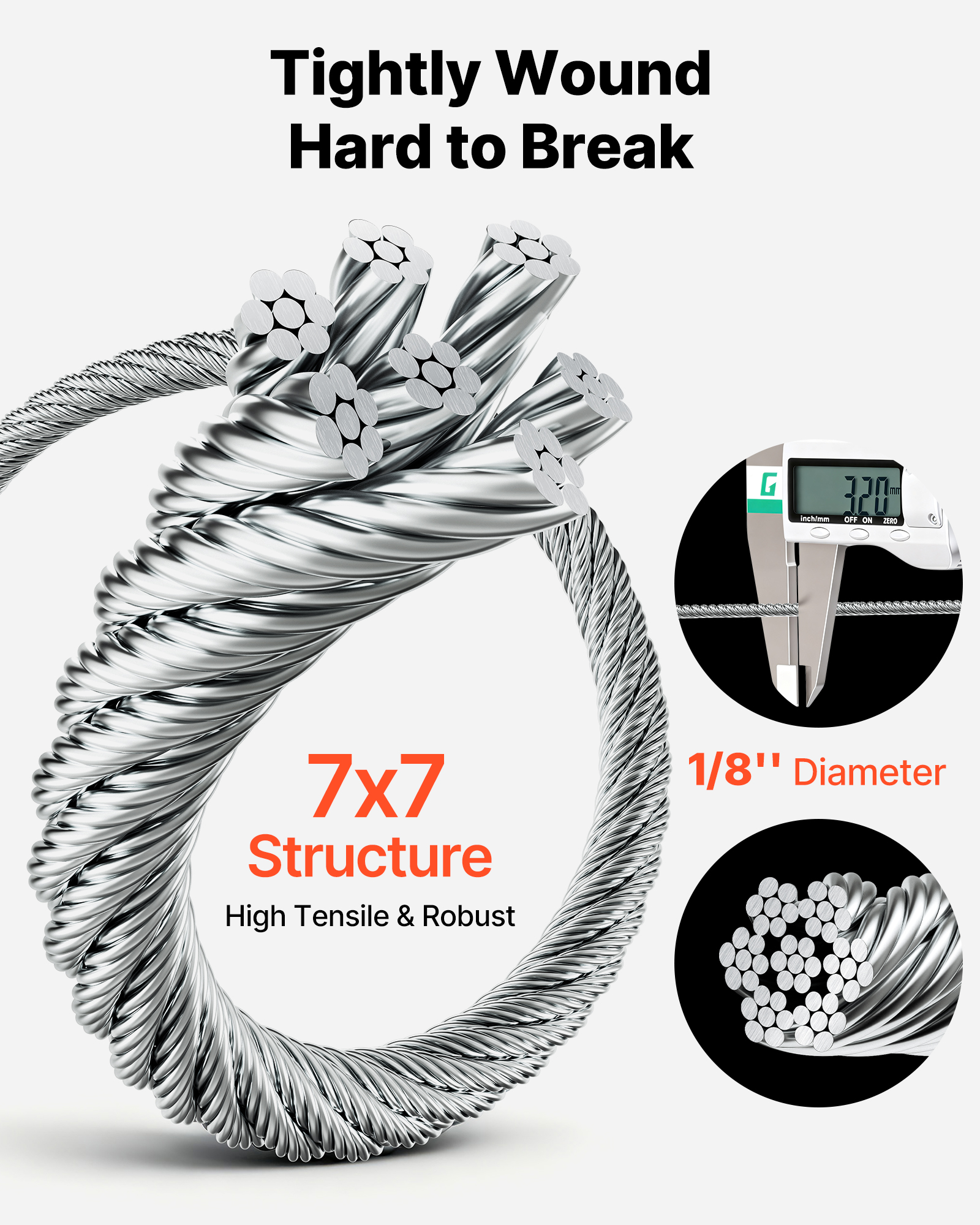 Cable de acero resistente con estructura 7x7, diámetro de 1/8", enrollado y robusto.