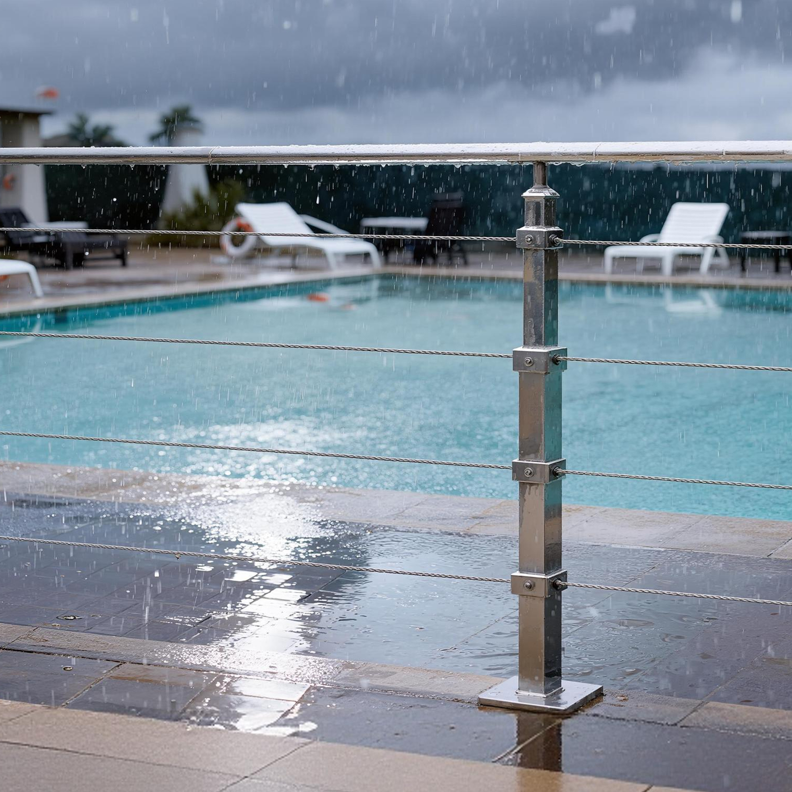 La lluvia cae sobre un patio de piscina con barandilla metálica y tumbonas al fondo.