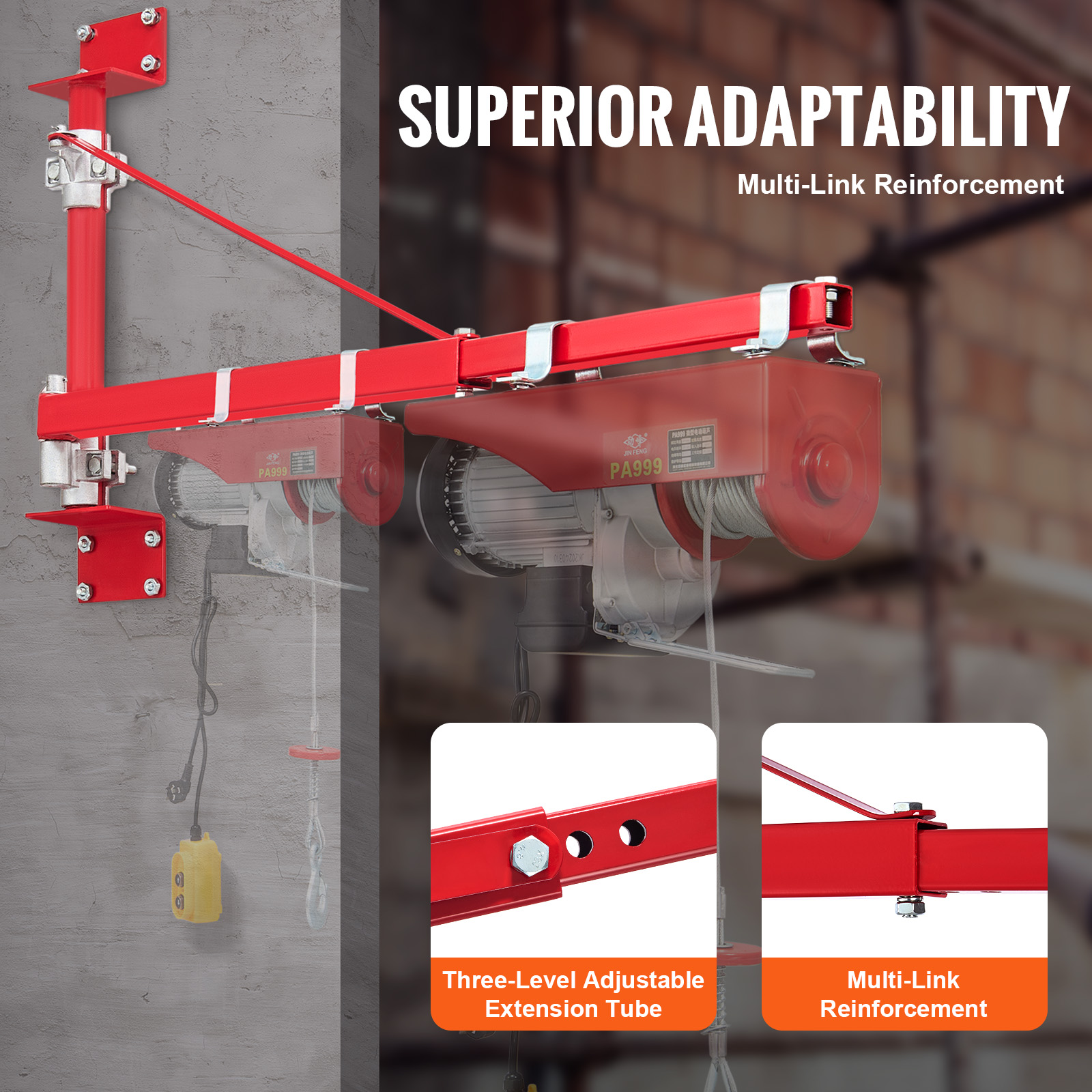 Un brazo de grúa ajustable rojo montado en una pared de hormigón, con dos detalles que muestran su conexión y extensión.