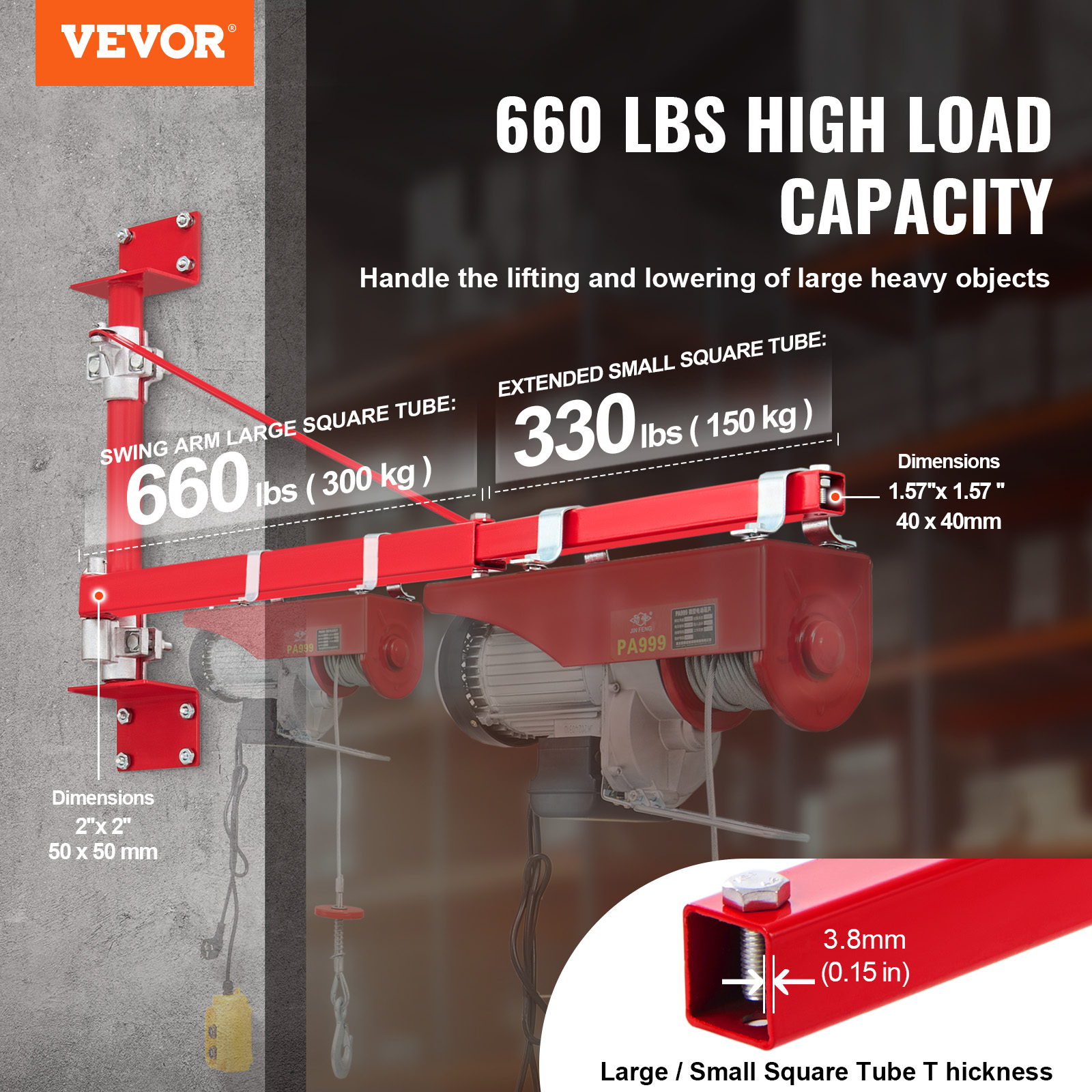 Brazo giratorio rojo VEVOR con polipasto, que muestra capacidades de carga de 660 lbs y 330 lbs.