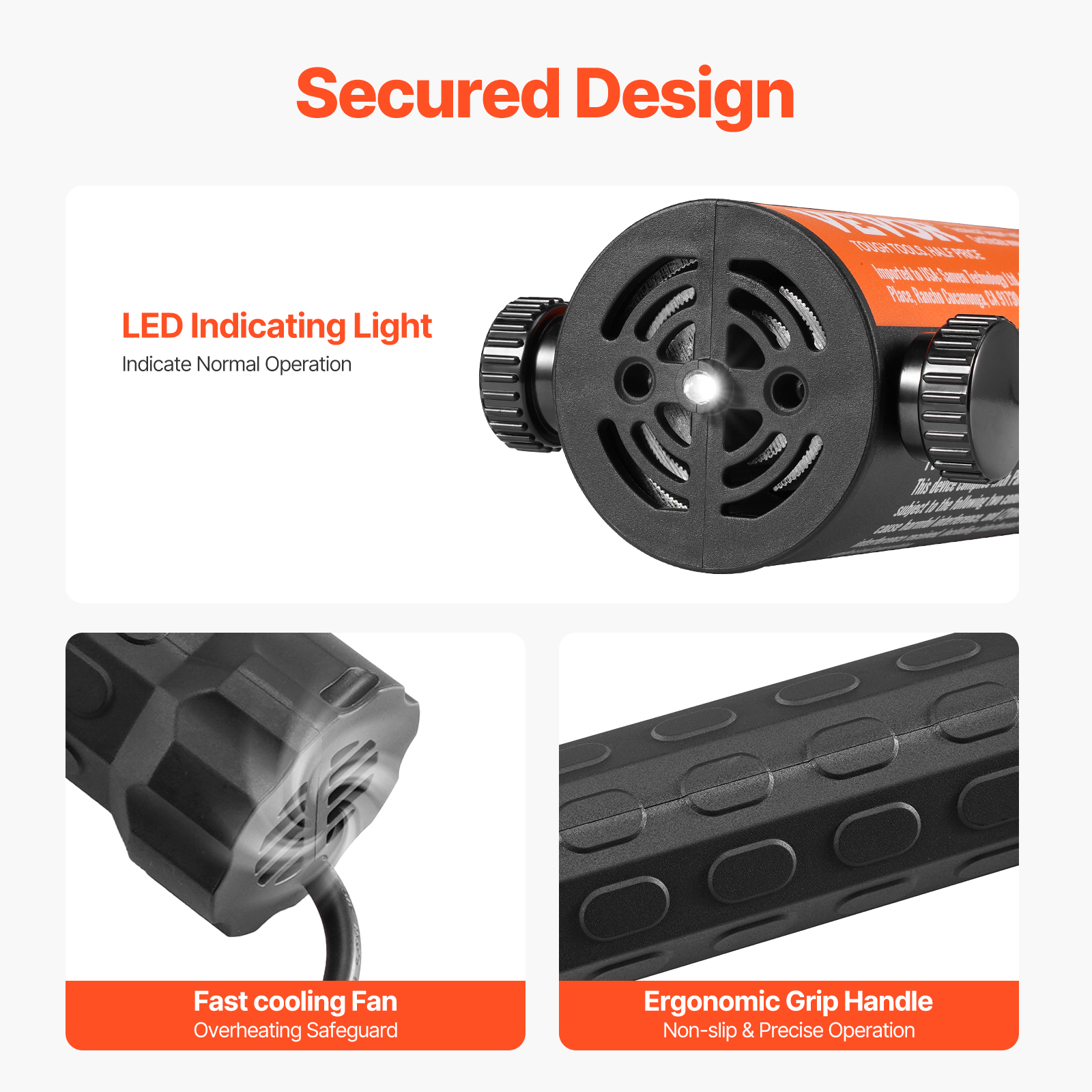 Características del producto: luz LED, ventilador de refrigeración y mango ergonómico.
