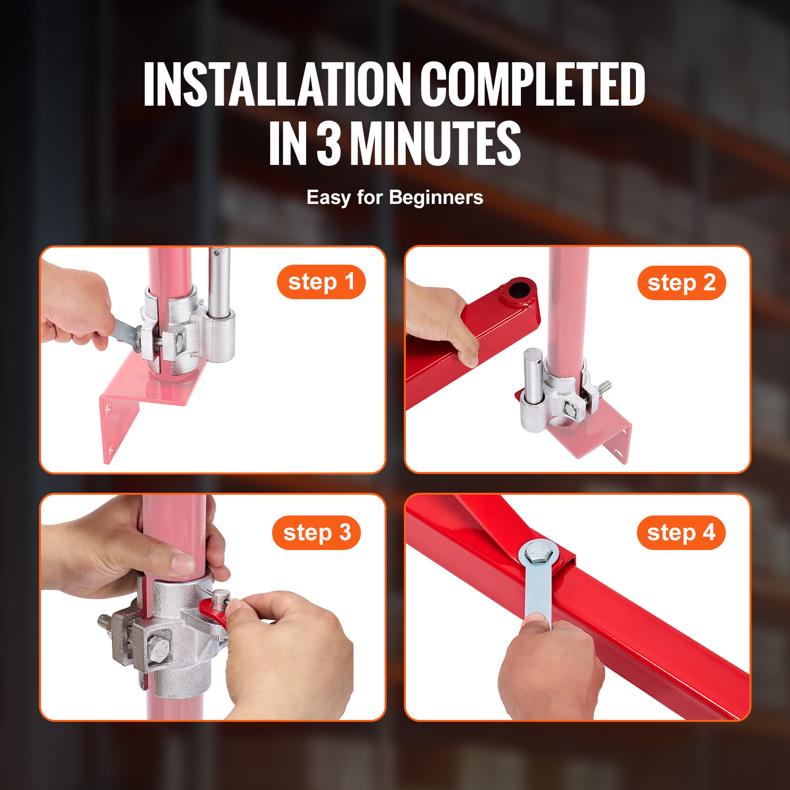Cuatro imágenes de tutorial paso a paso muestran la fácil instalación de soportes metálicos rojos.