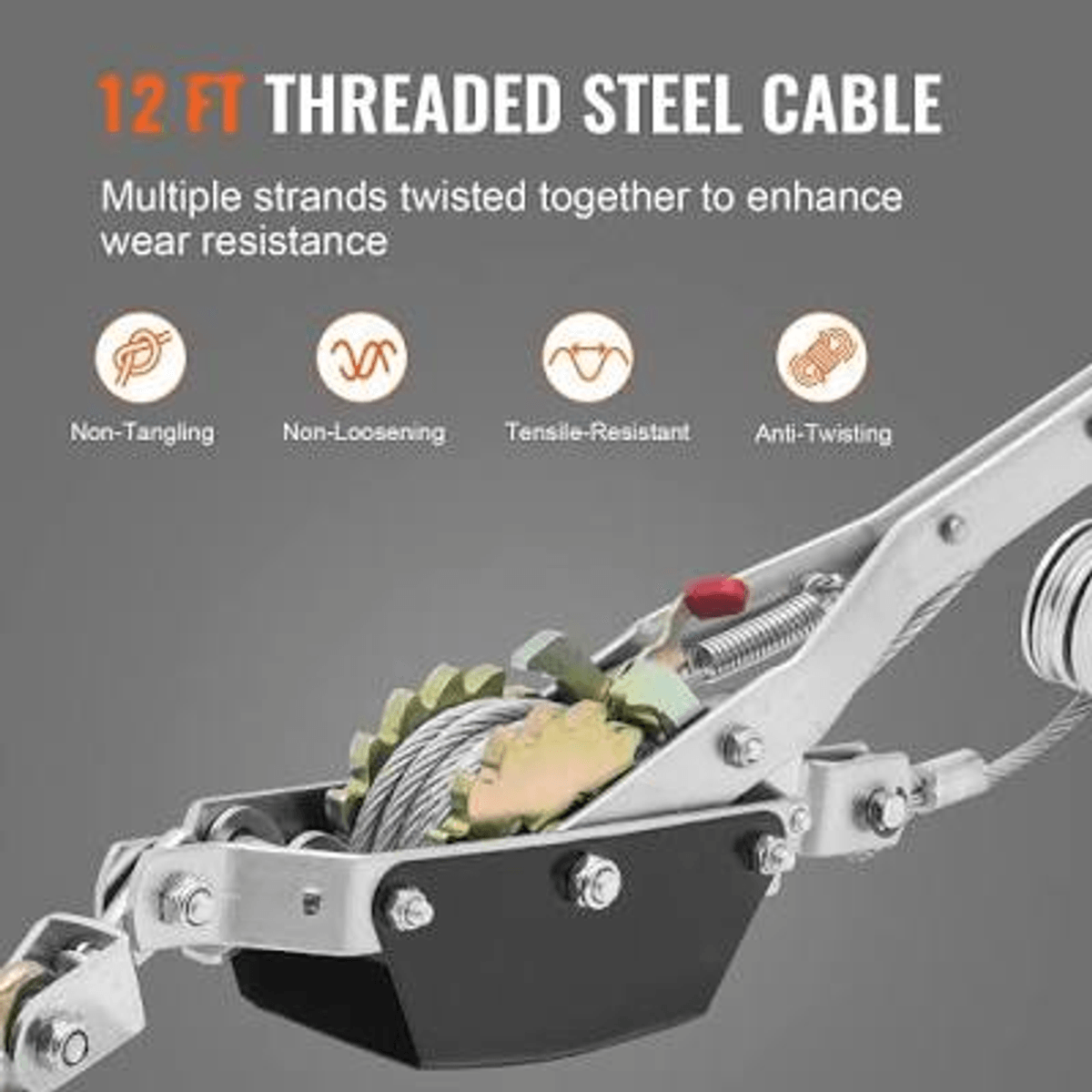 Un tirador de cable de acero con mecanismo de engranaje, mango de metal y cable de acero con cuatro iconos.