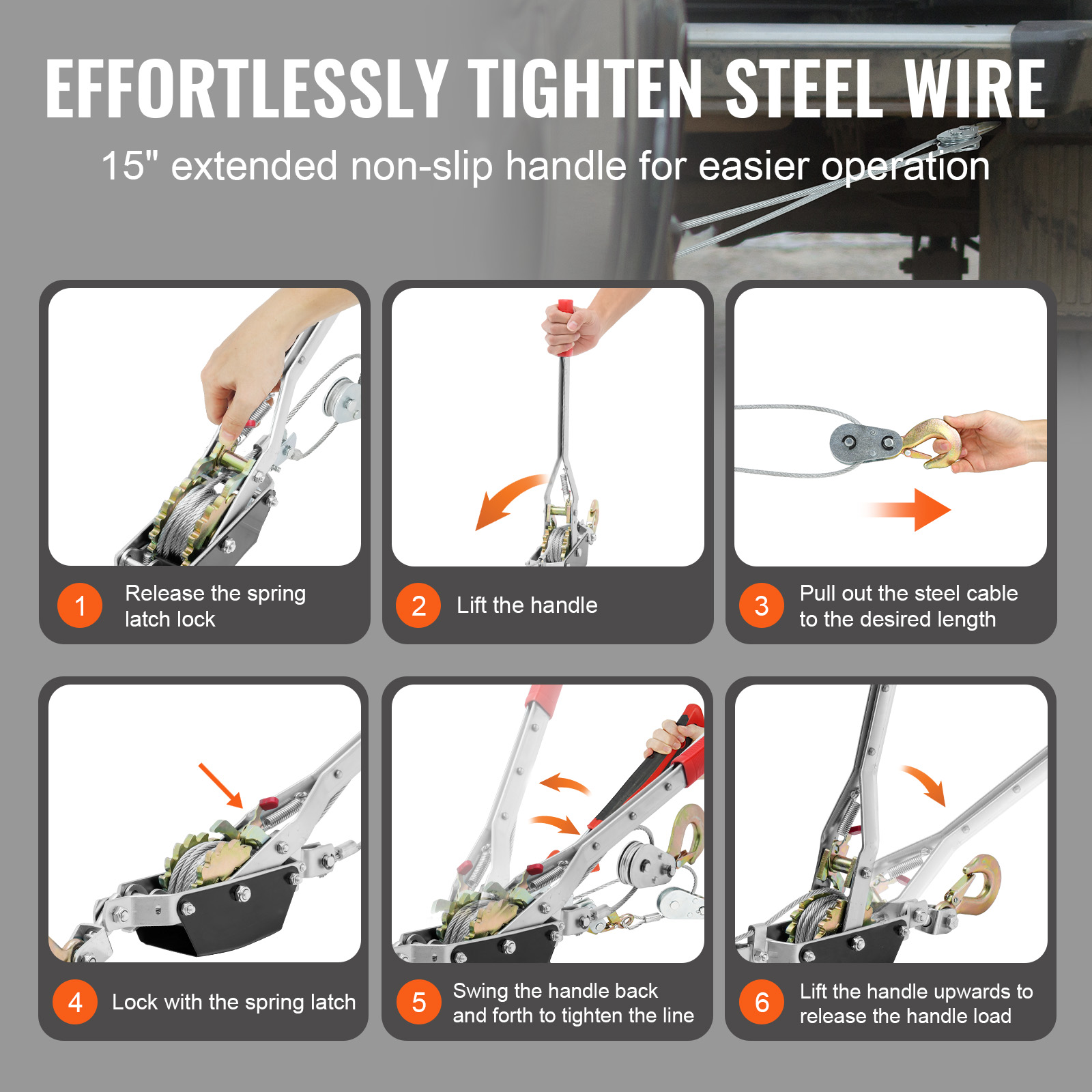 Guía de seis pasos para usar un tirador de cable de acero, mostrando cómo soltar, levantar y tensar.