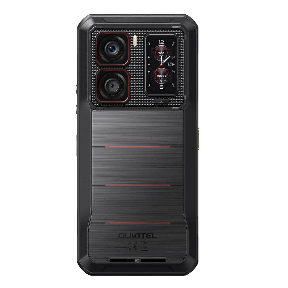 Czarny wytrzymały smartfon Oukitel z dwoma aparatami, dodatkowym ekranem i czerwonymi akcentami na białym tle.
