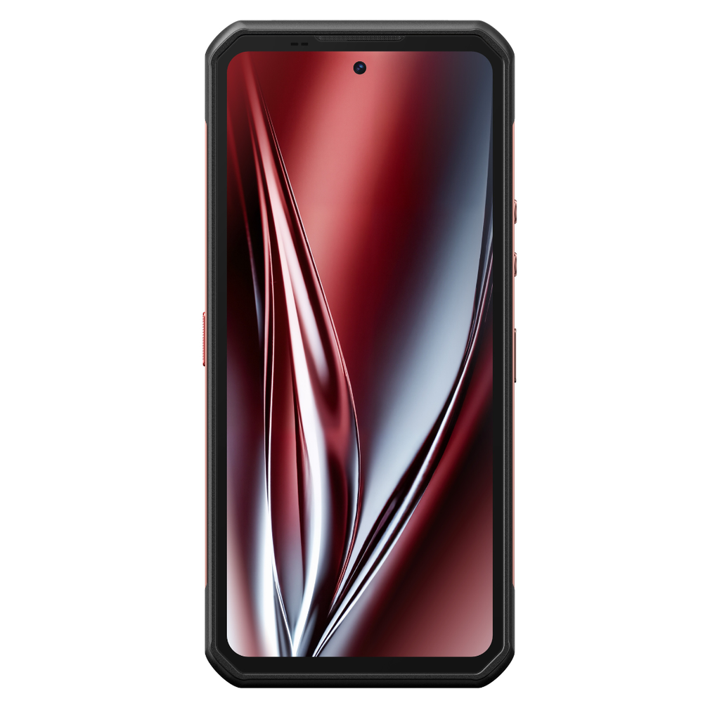 Czarny smartfon z czerwonosrebrną abstrakcyjną grafiką falową na ekranie.