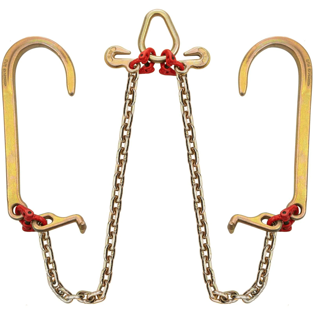 Cadena de elevación de metal industrial con dos ganchos grandes, conectores rojos y un anillo superior.