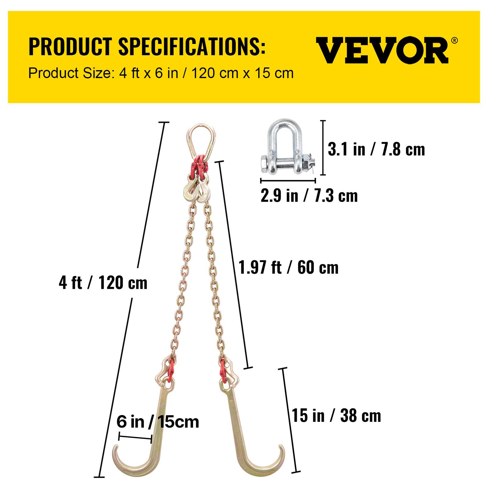 Especificaciones de producto que muestran una cadena de elevación con dimensiones.